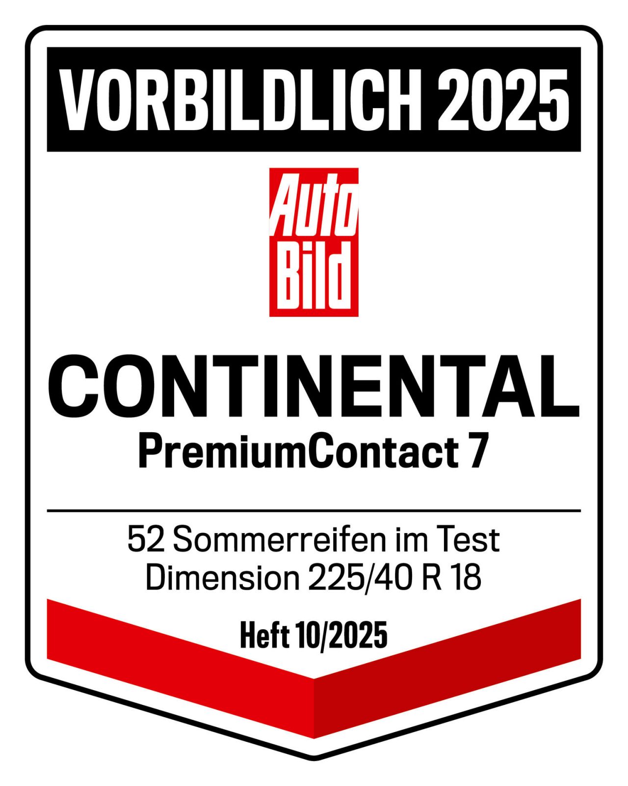 Testsiegel AutoBild 2025 für Continental PremiumContact 7, Bewertung: Vorbildlich