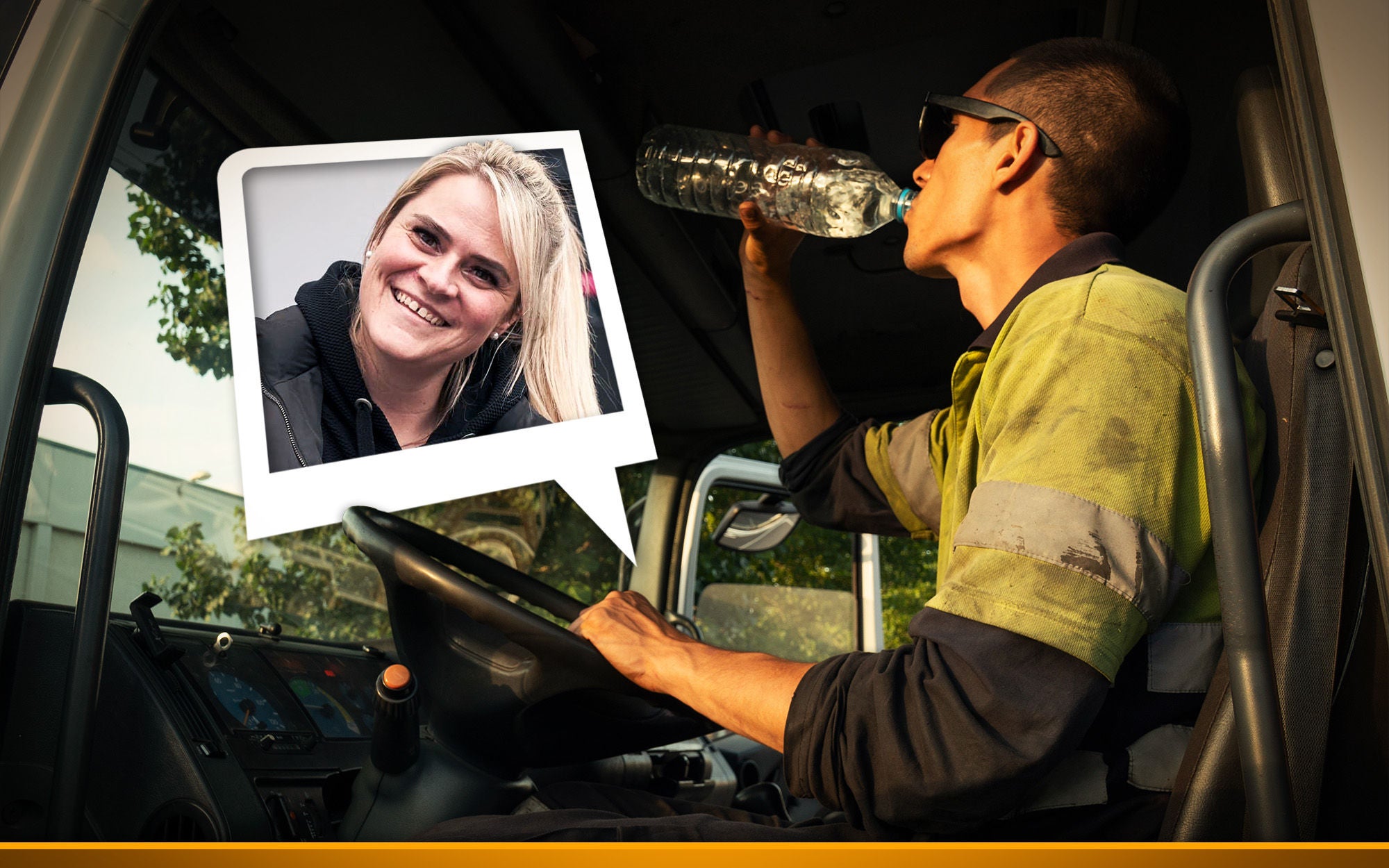 trucker inside a truck trinking water from a water bottle