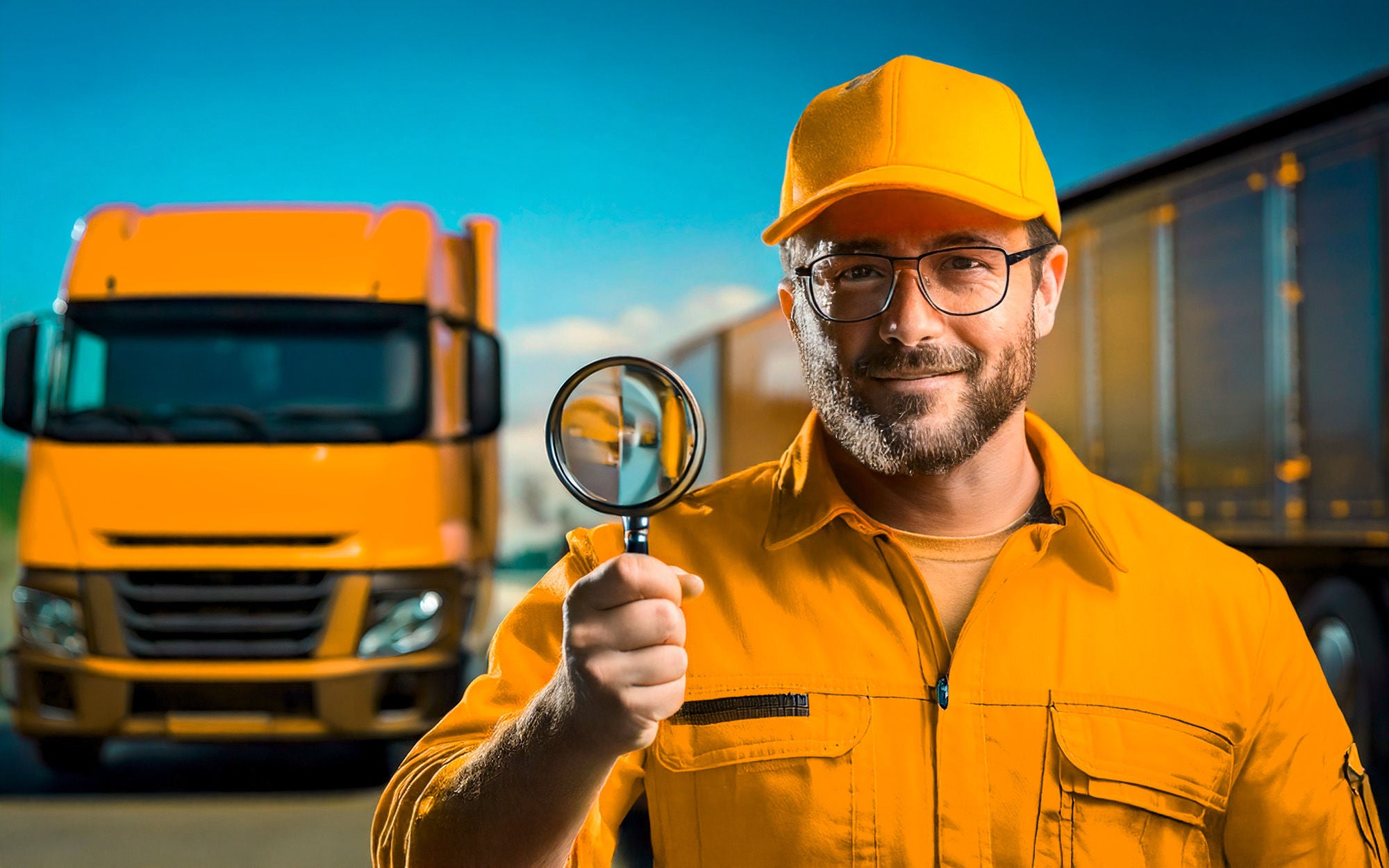 trucker with a magnifying glass. Orange truck parking in the background