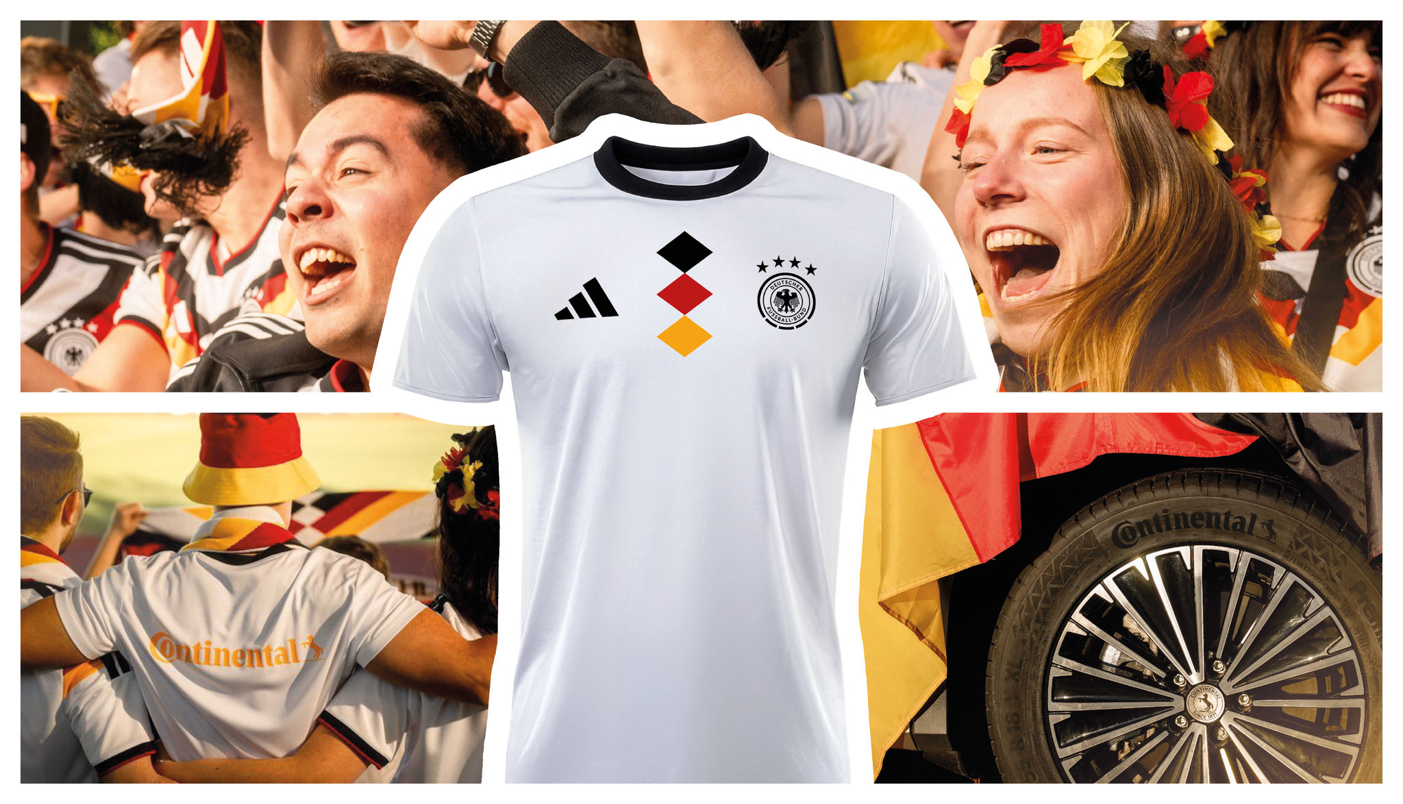 Collage mit einem weißen DFB-Fantrikot im Zentrum, feiernden Nationalspielern im Vordergrund und jubelnde Fans, sowie einem Continental Reifen mit Deutschlandfahne im Hintergrund.