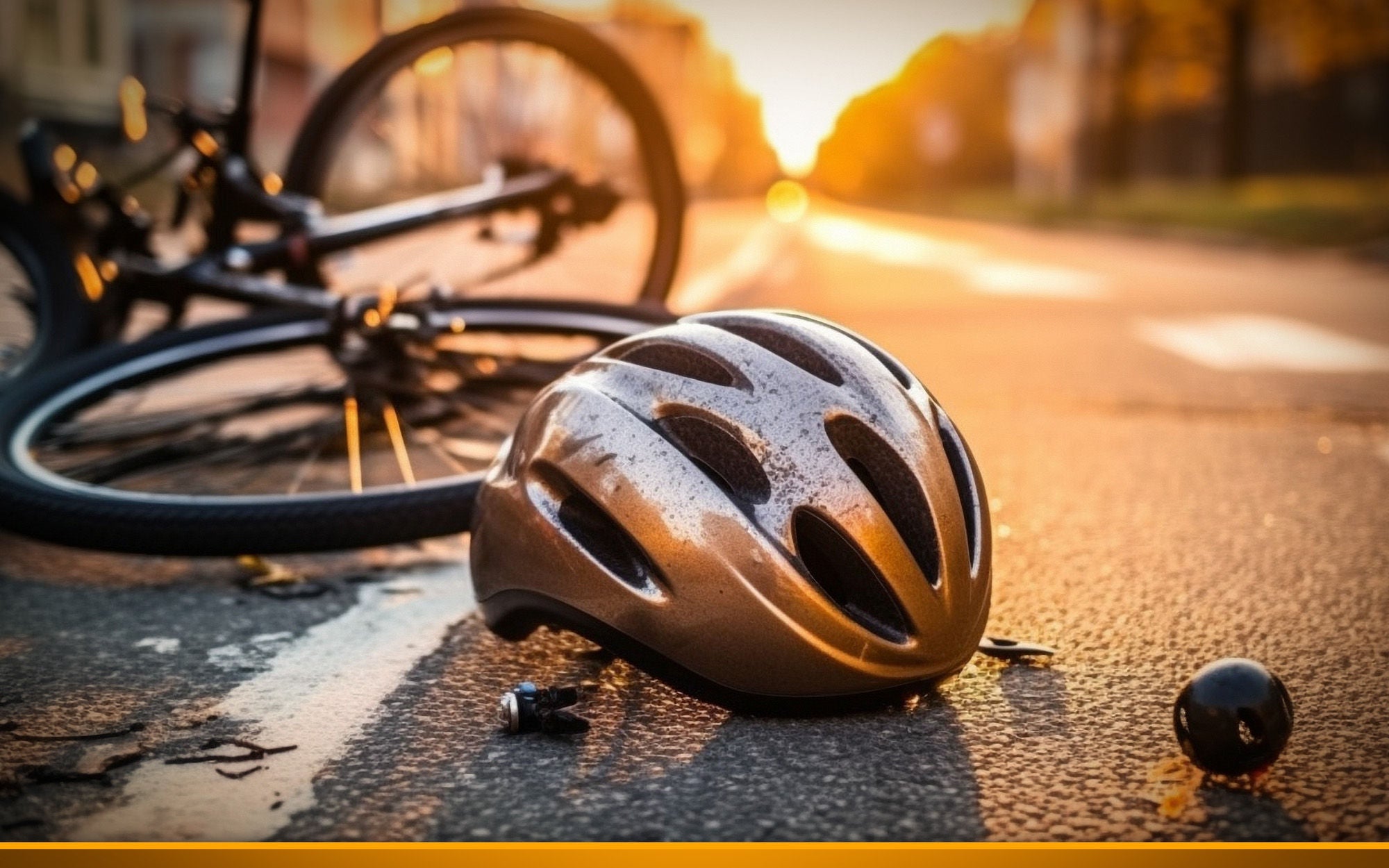 After an automobile accident, a bicycle helmet is seen in close-up lying on the pavement next to a bicycle in a city street.