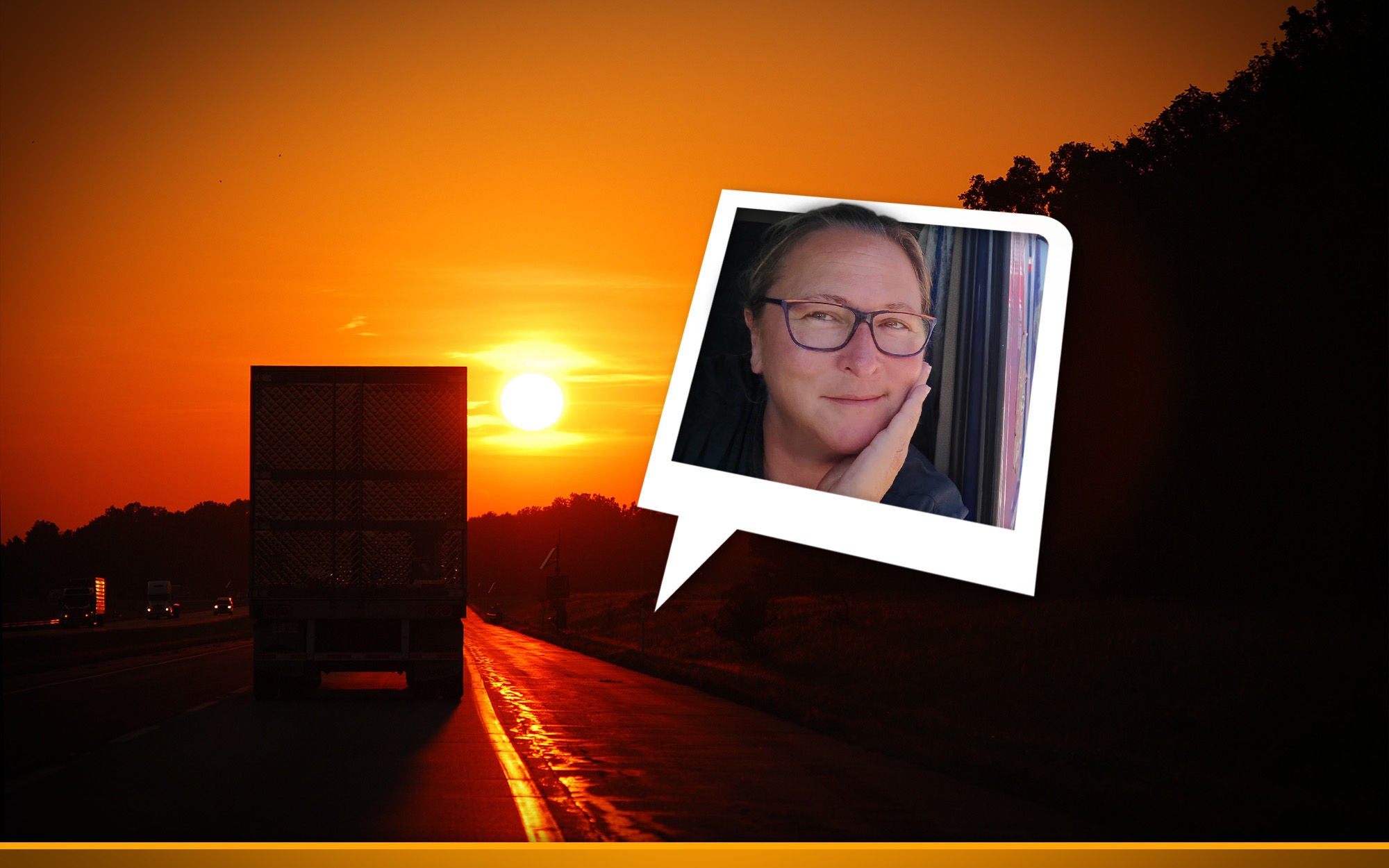truck on the road under a beautiful orange sunset