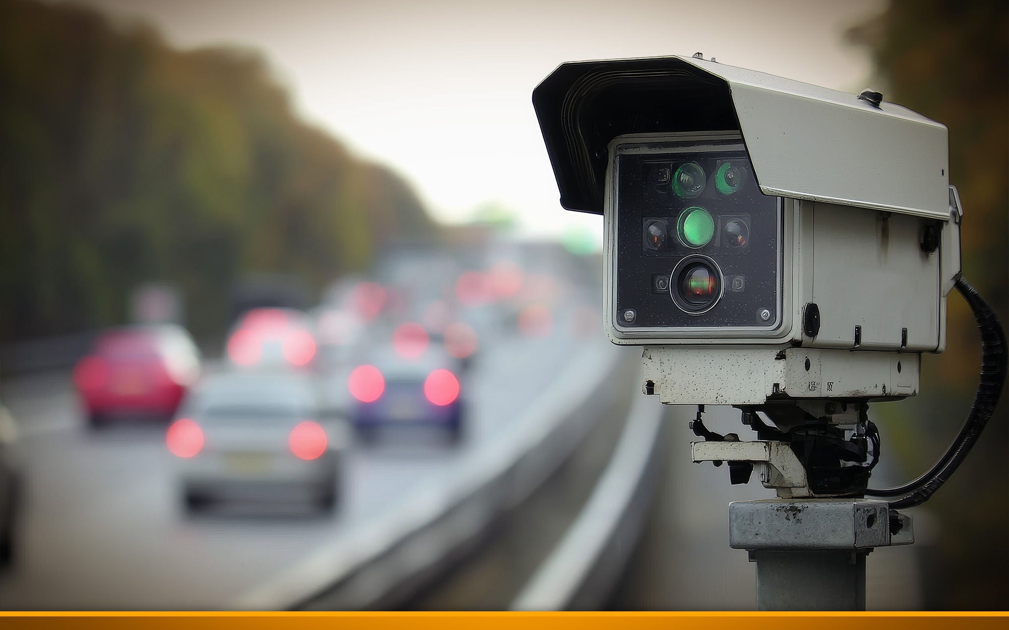 speed camera next to a highway, cars in the background driving