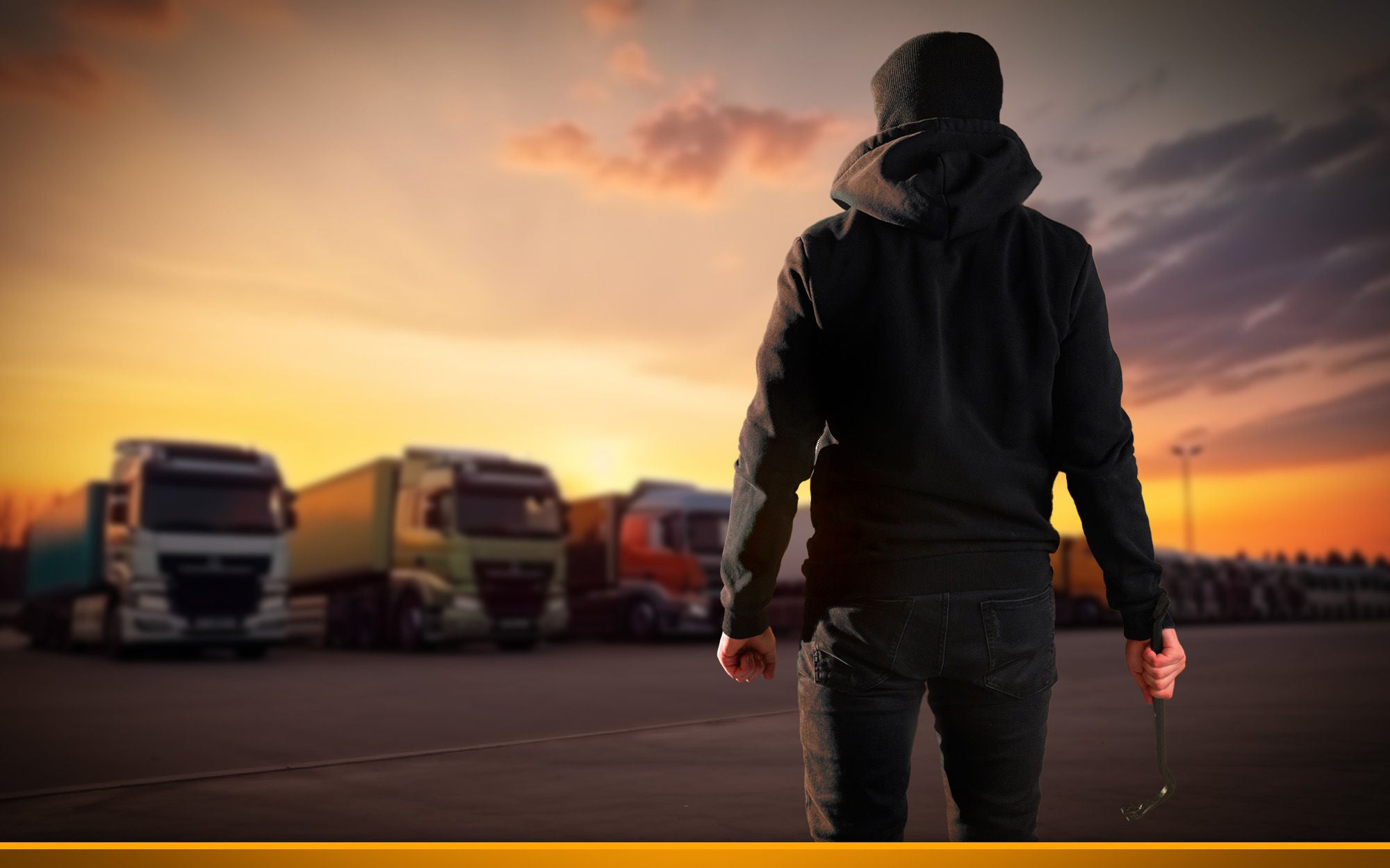 man with crowbar on a truck stop. Trucks parking in the background at night