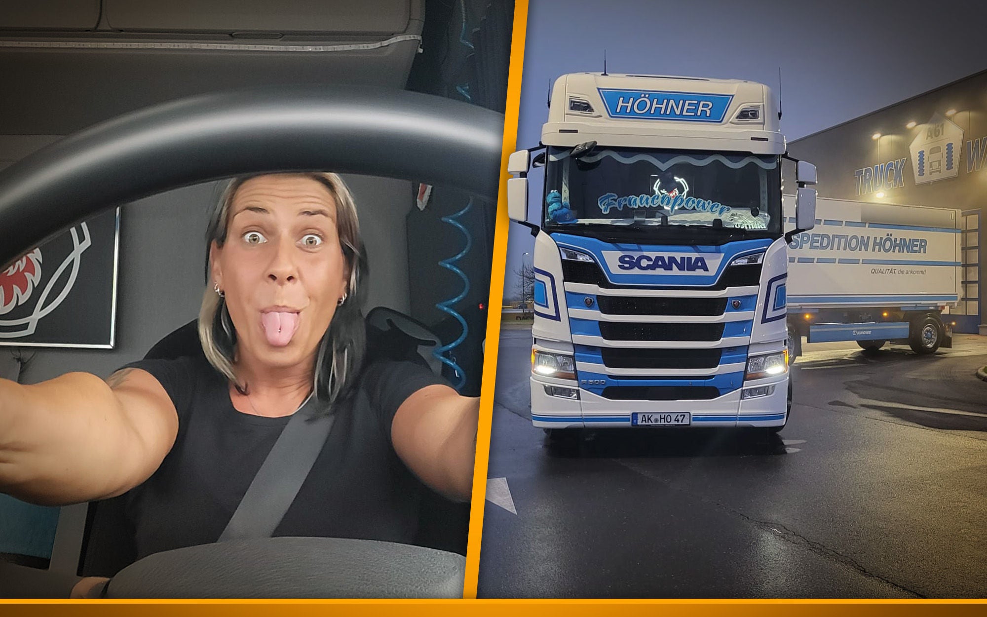 female trucker sitting in a white/blue truck