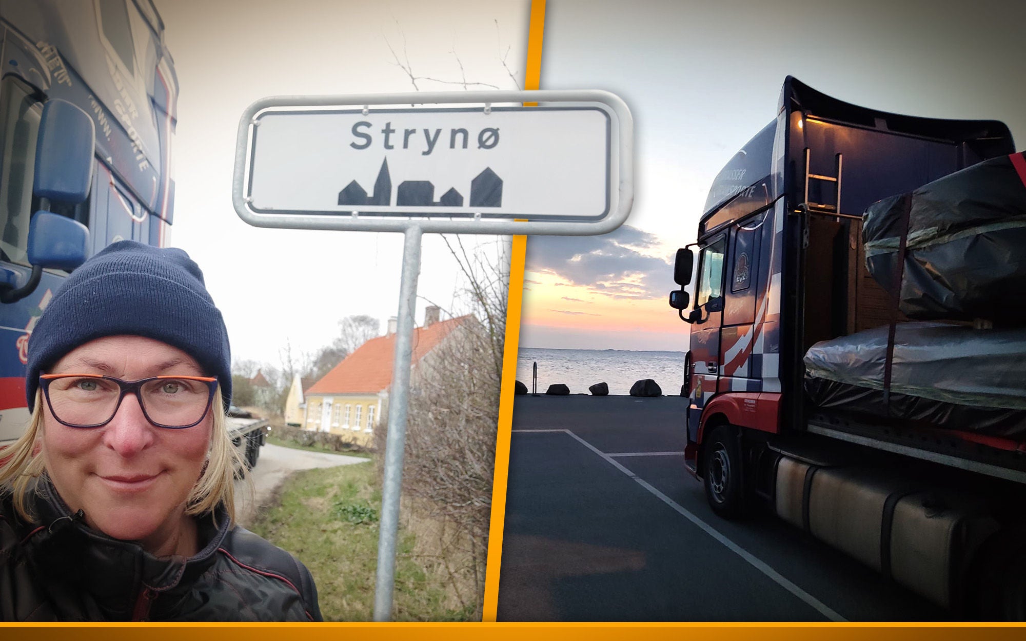 sign of a little town in denmark and a truck standing next to the ocean