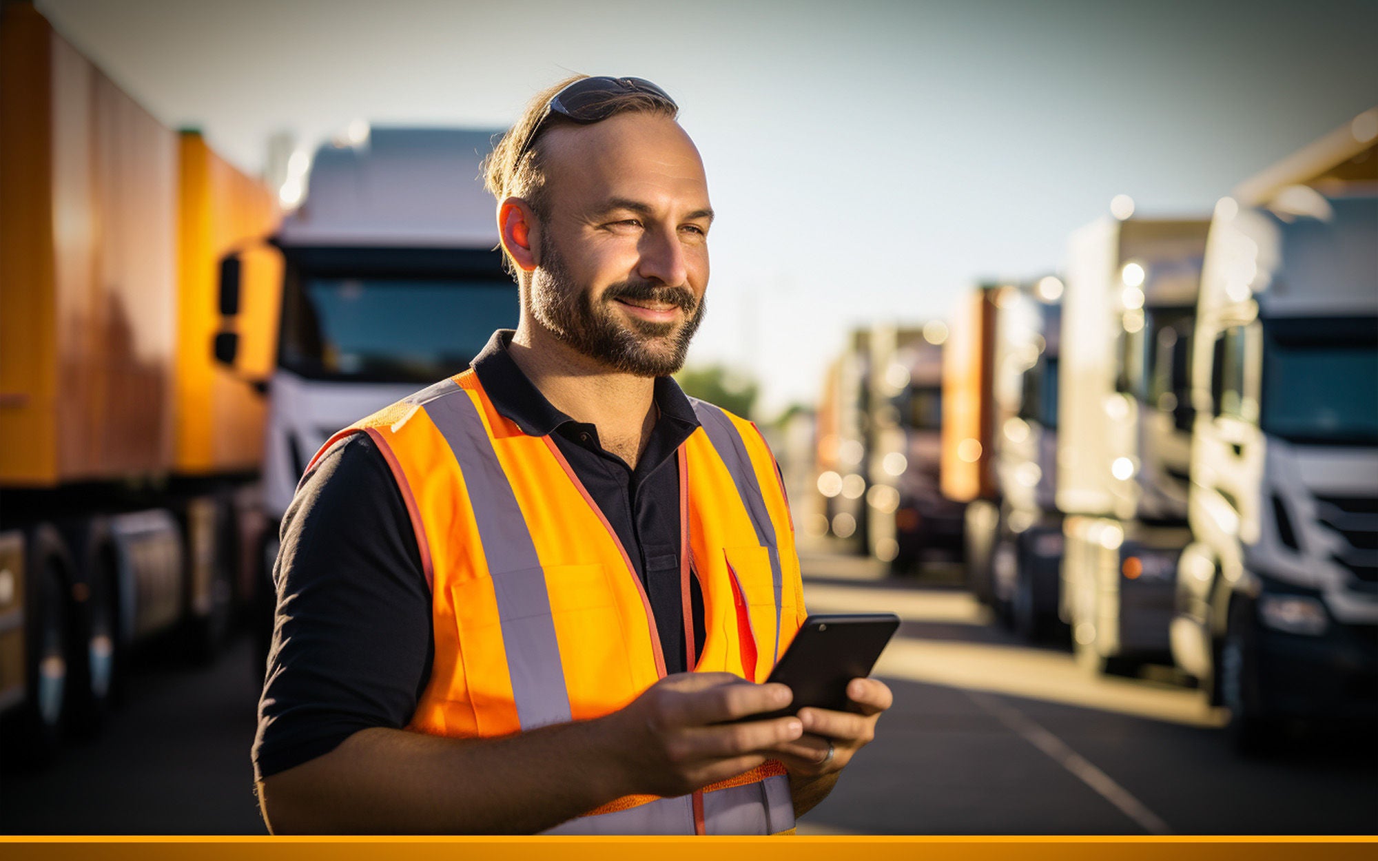 Trucker using mobile phone while standing in front of trucks