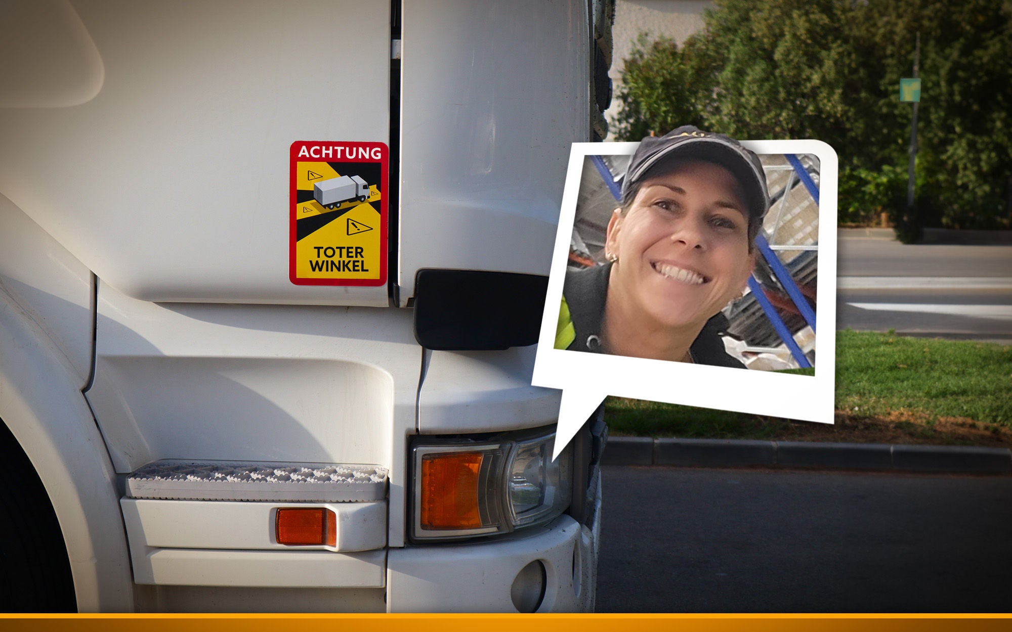 Sticker in a professional truck cabin indicating the existence of a blind spot in that area