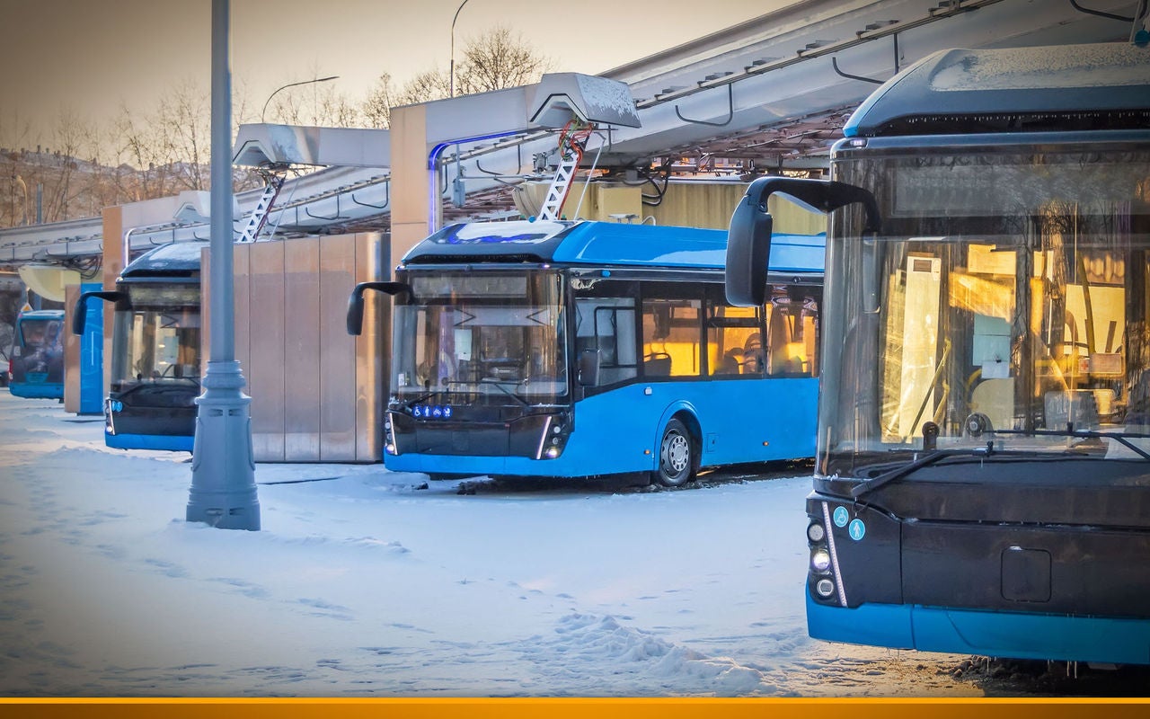 Row of blue buses, parking in the winter