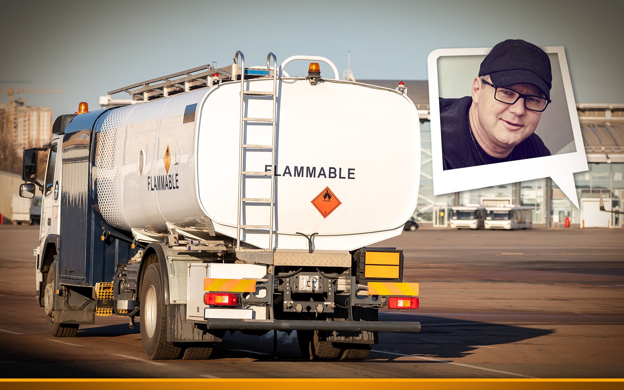 tanker truck driving on airfield taxiway for aircraft refueling