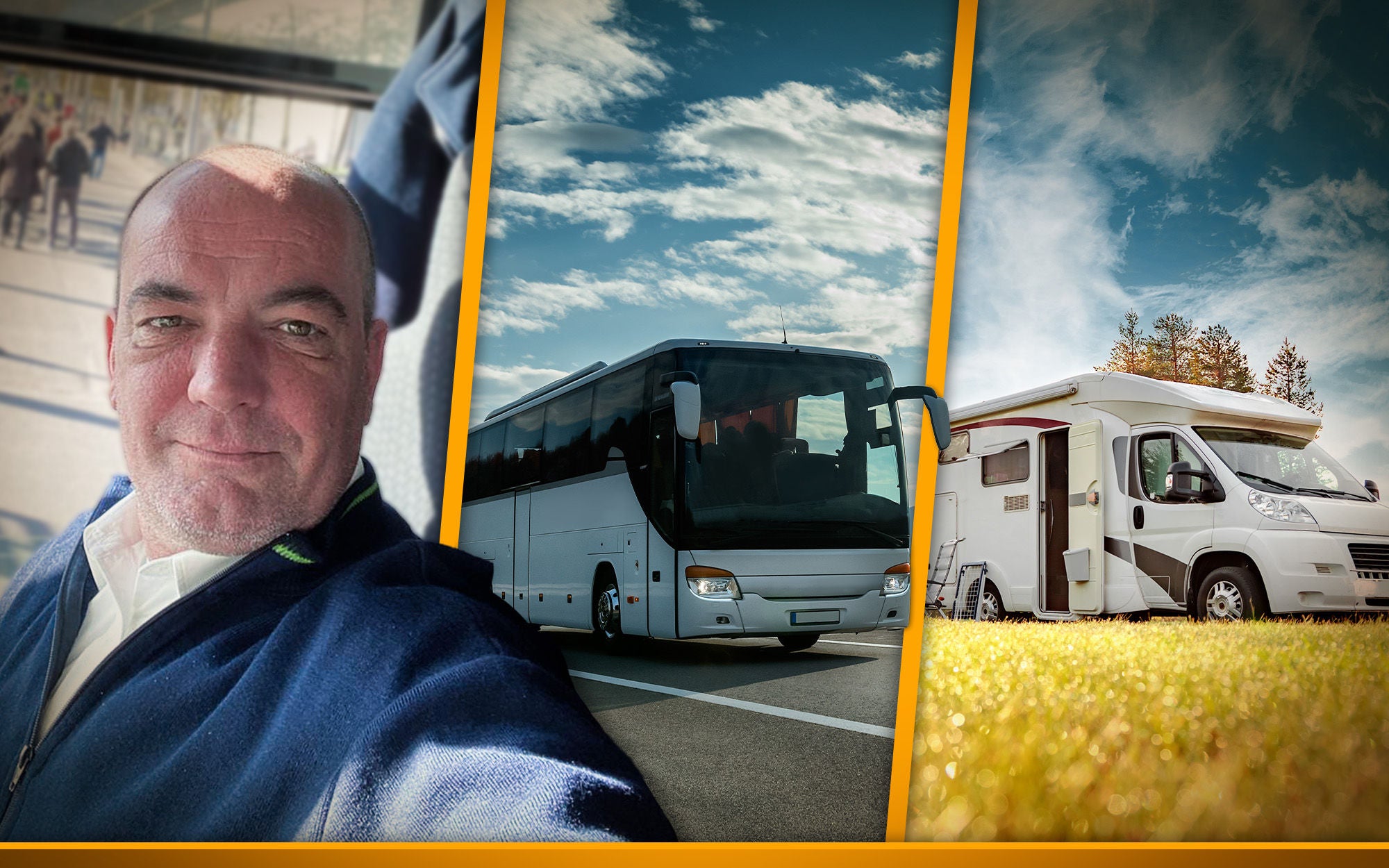 Bus driver Mirko on the left side. Next to him a bus on the road and a camper on nice spot with a blue sky