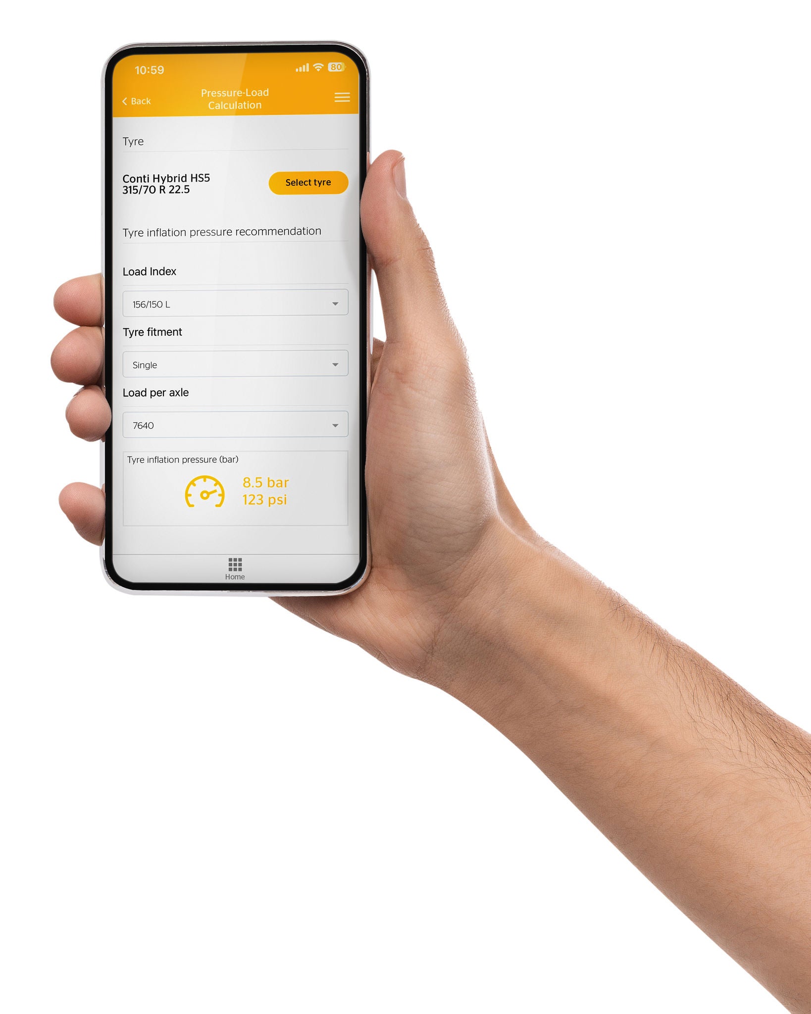TireTech App Agriculture Hand-MockUp A Hand holding a Mobilephone showing the App with white Background