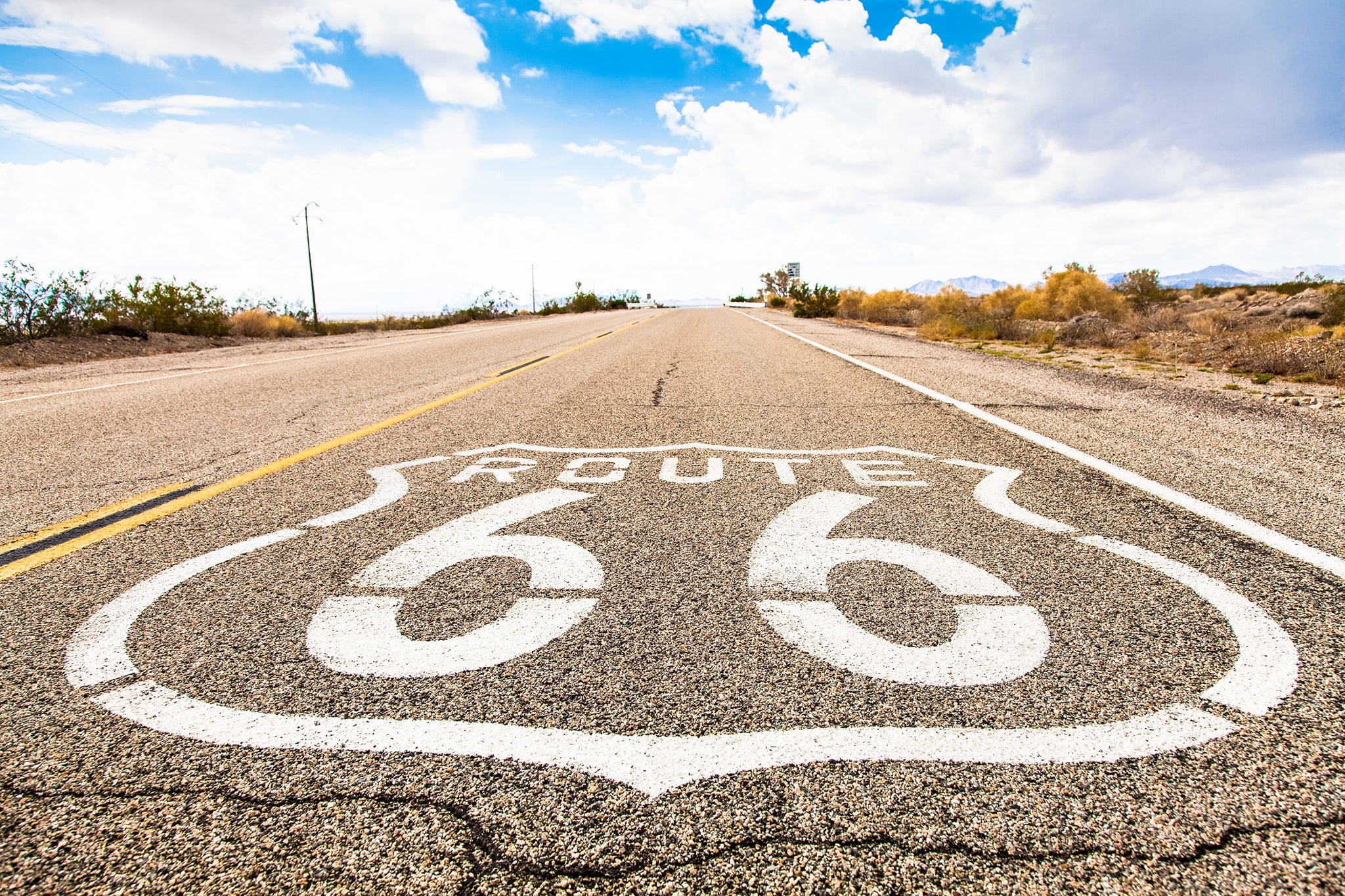 Route 66 Famous Route 66 landmark on the road in Californian desert.