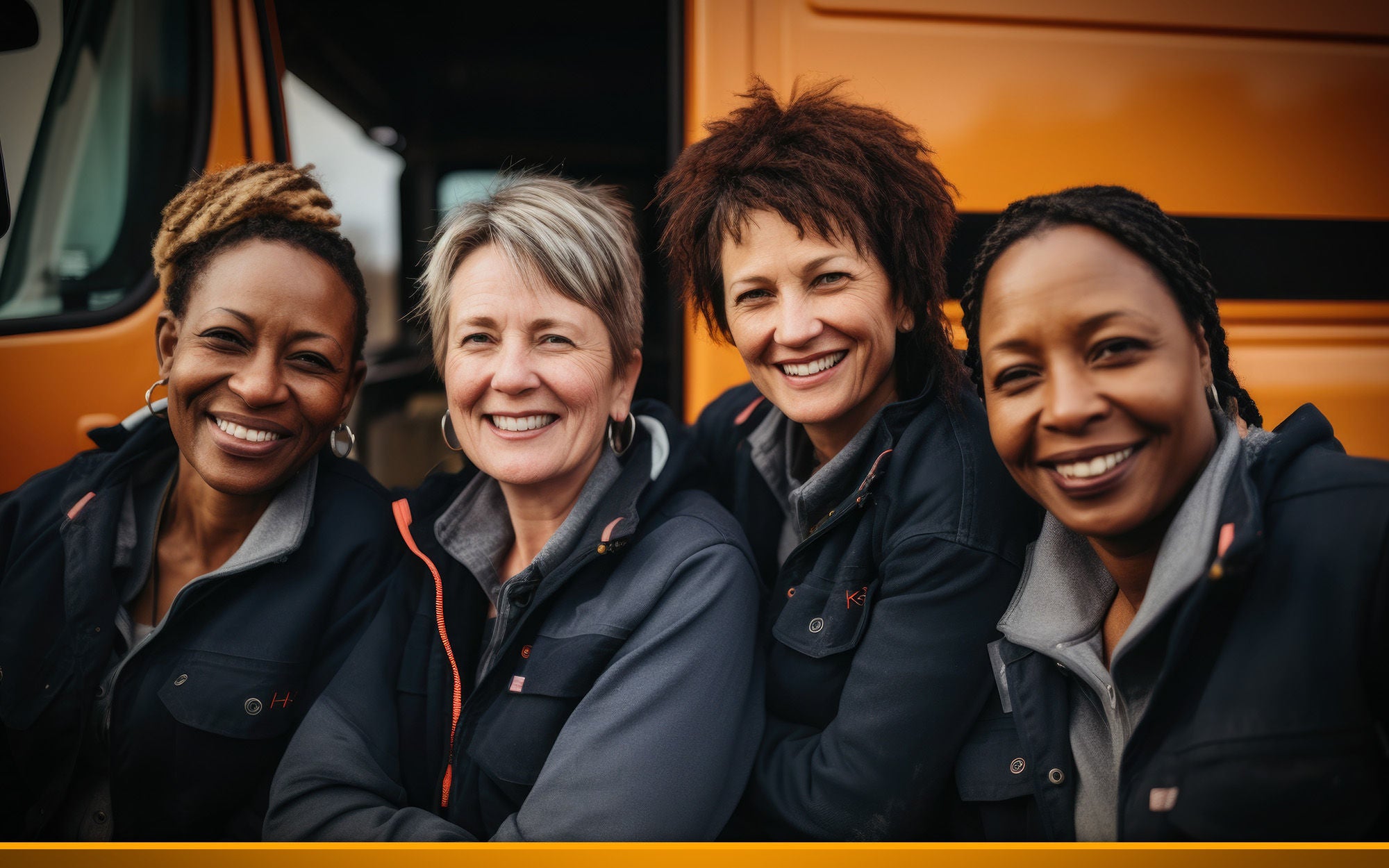 Smiling portrait of a happy group of female truckers working for a trucking company