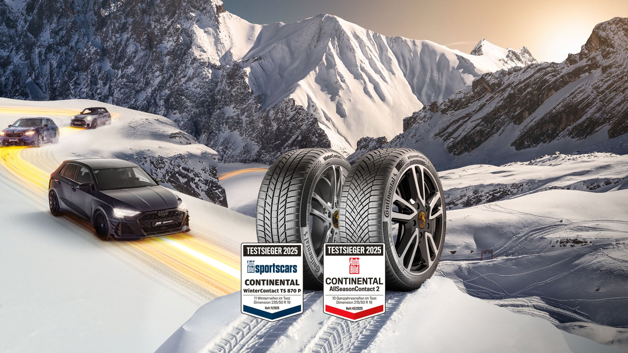 Continental Winter- und Ganzjahresreifen vor einer verschneiten Alpenlandschaft, während mehrere sportliche Fahrzeuge eine winterliche Bergstraße befahren.