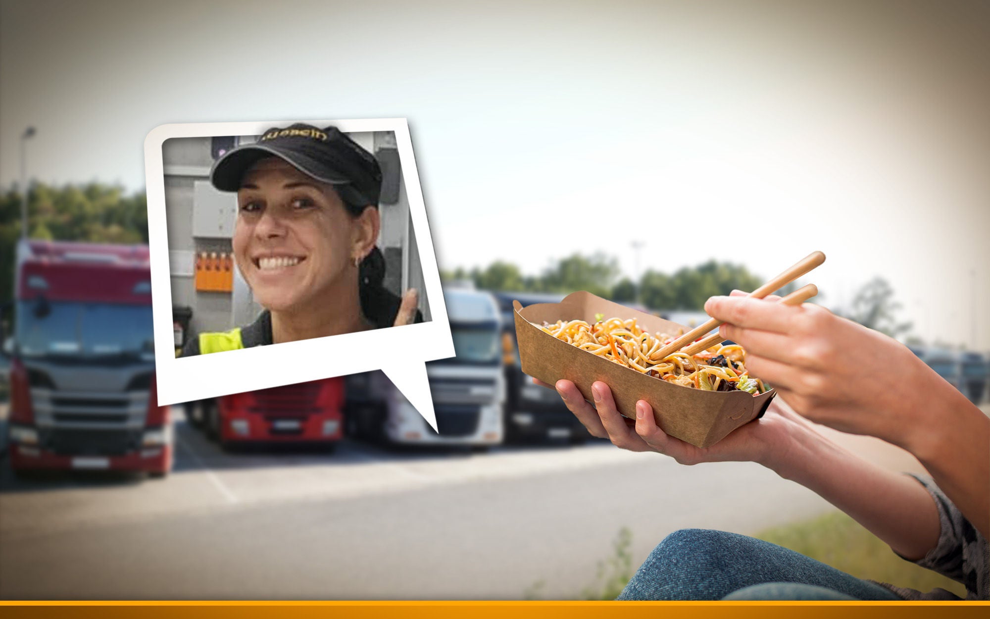 female trucker holding chinese food, parking trucks in the background