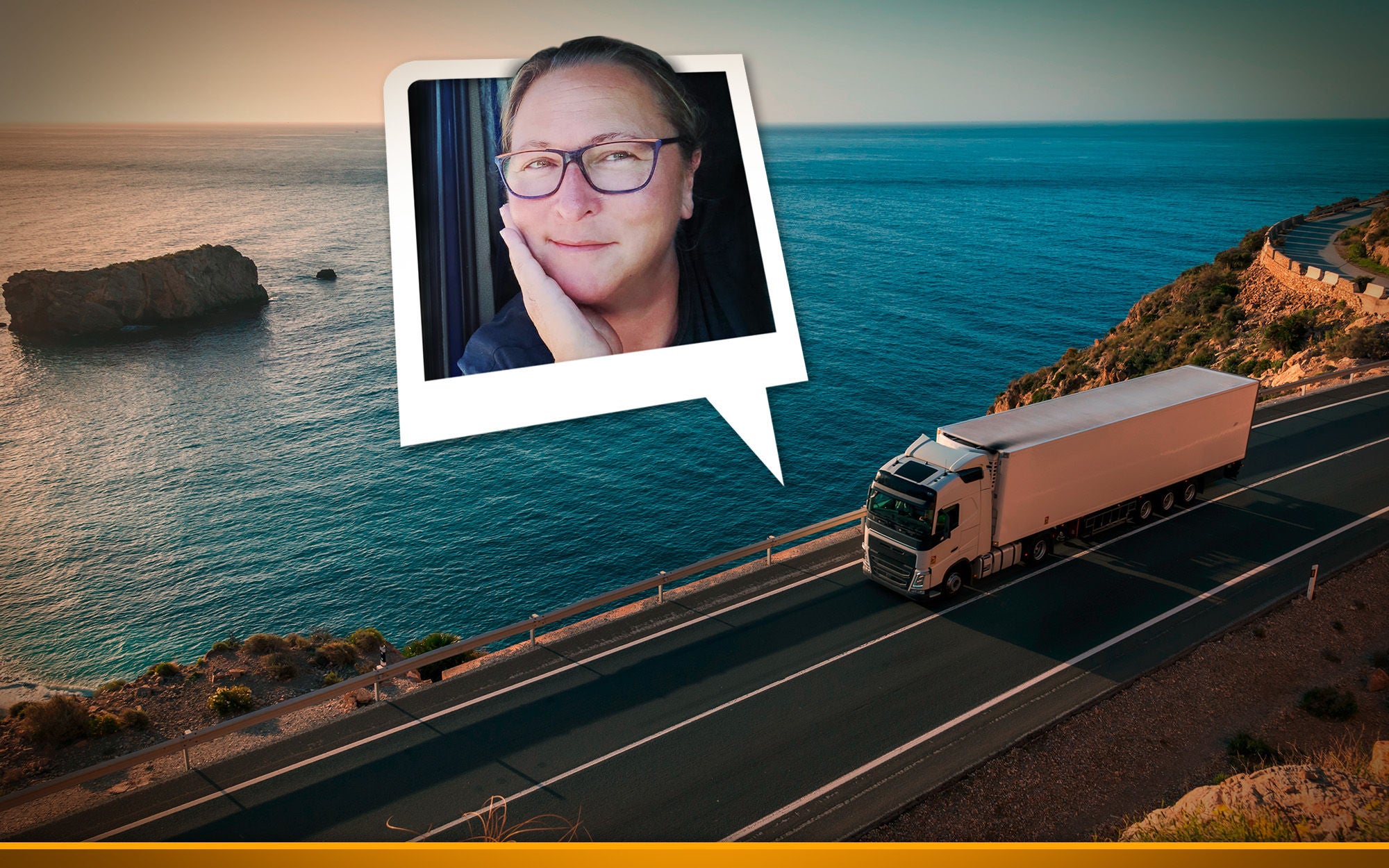 Truck driving on a road by the sea.