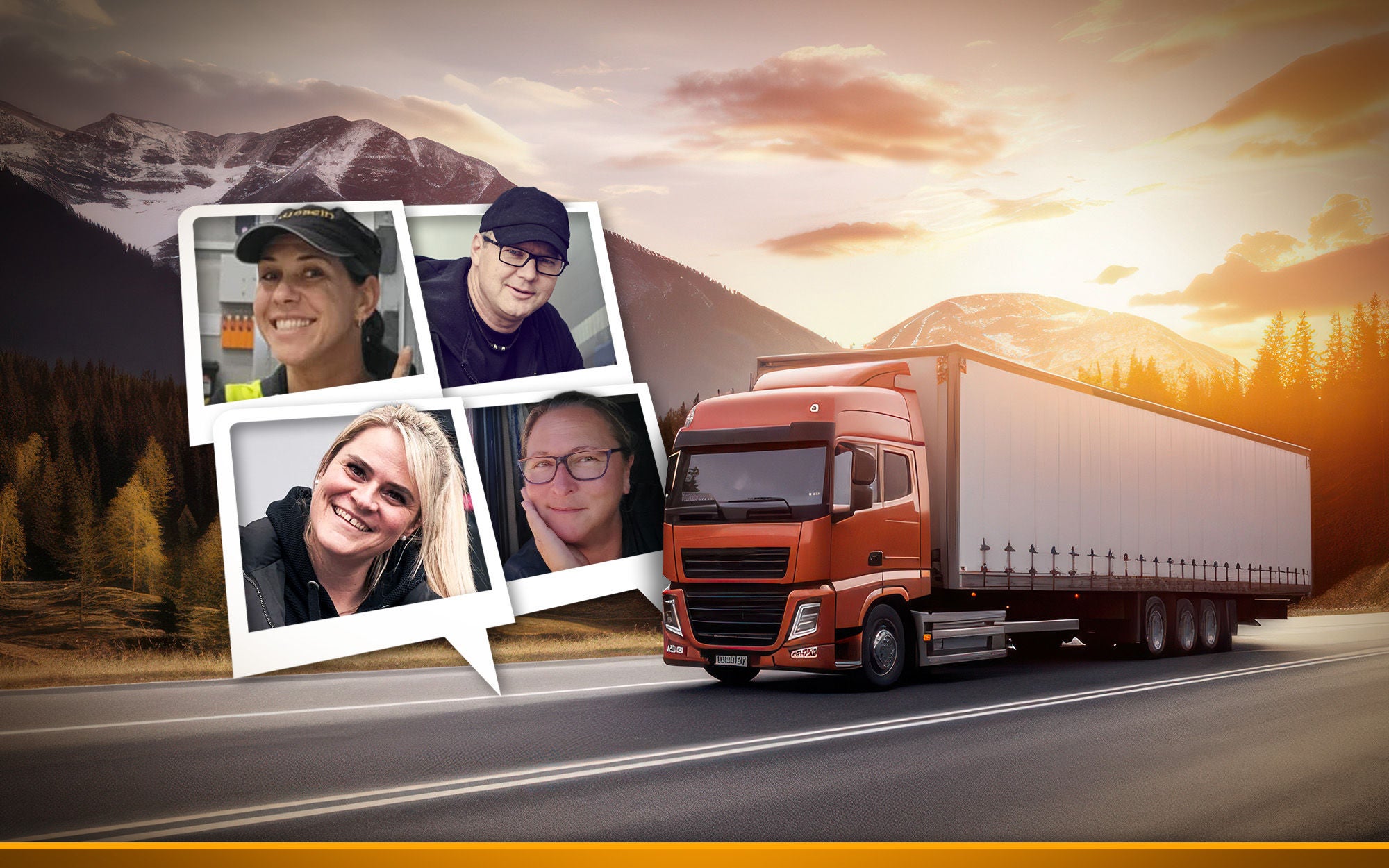 truck driving on road in sunsight near to a beautiful landscape with mountains in the background