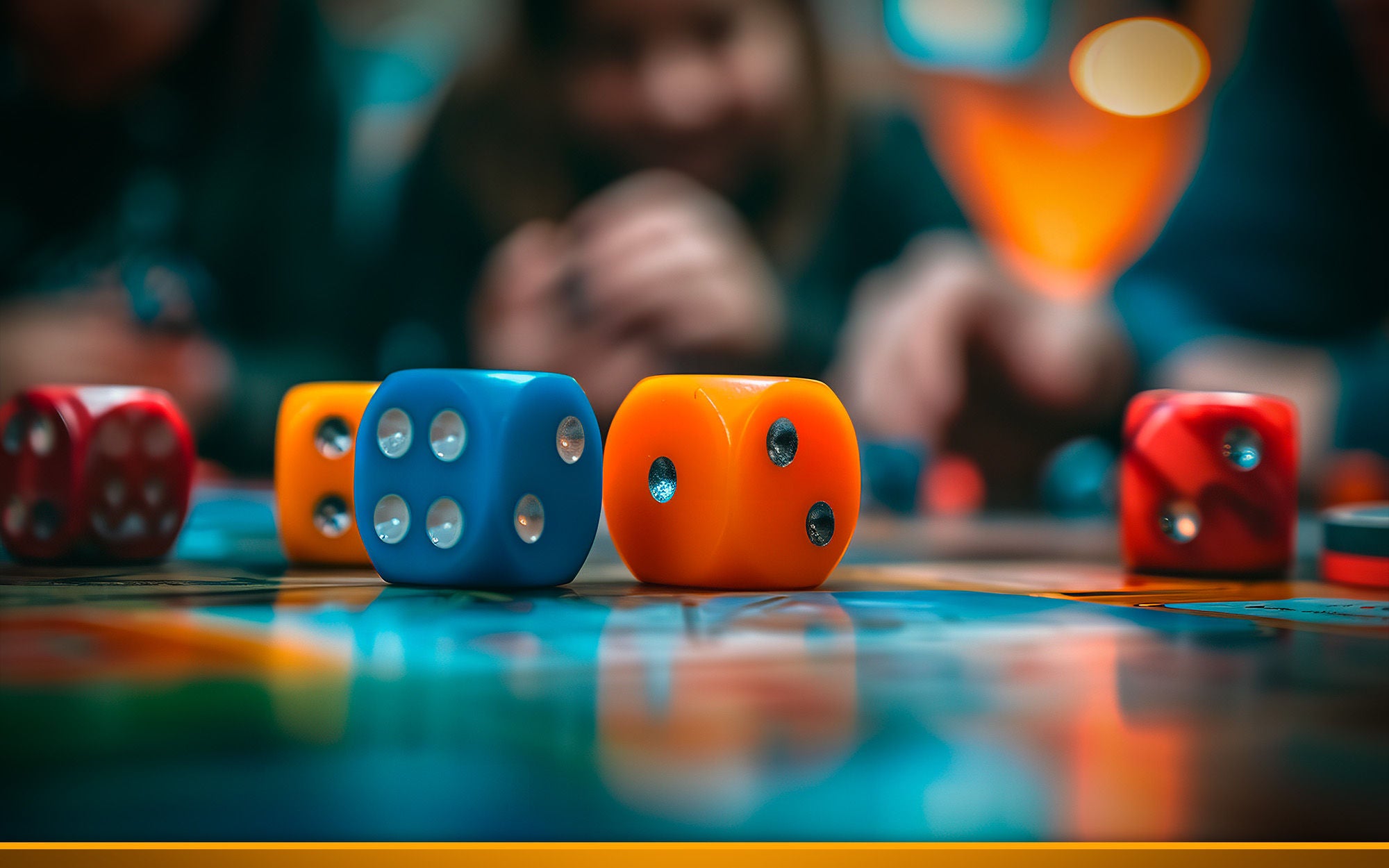 dices on a table with people around