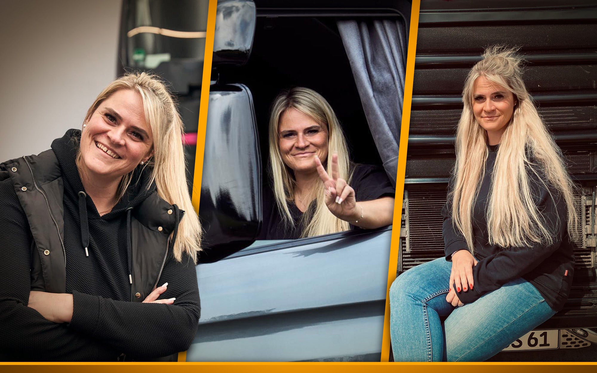 Trucker Christina sitting in her truck looking friendly to the camera