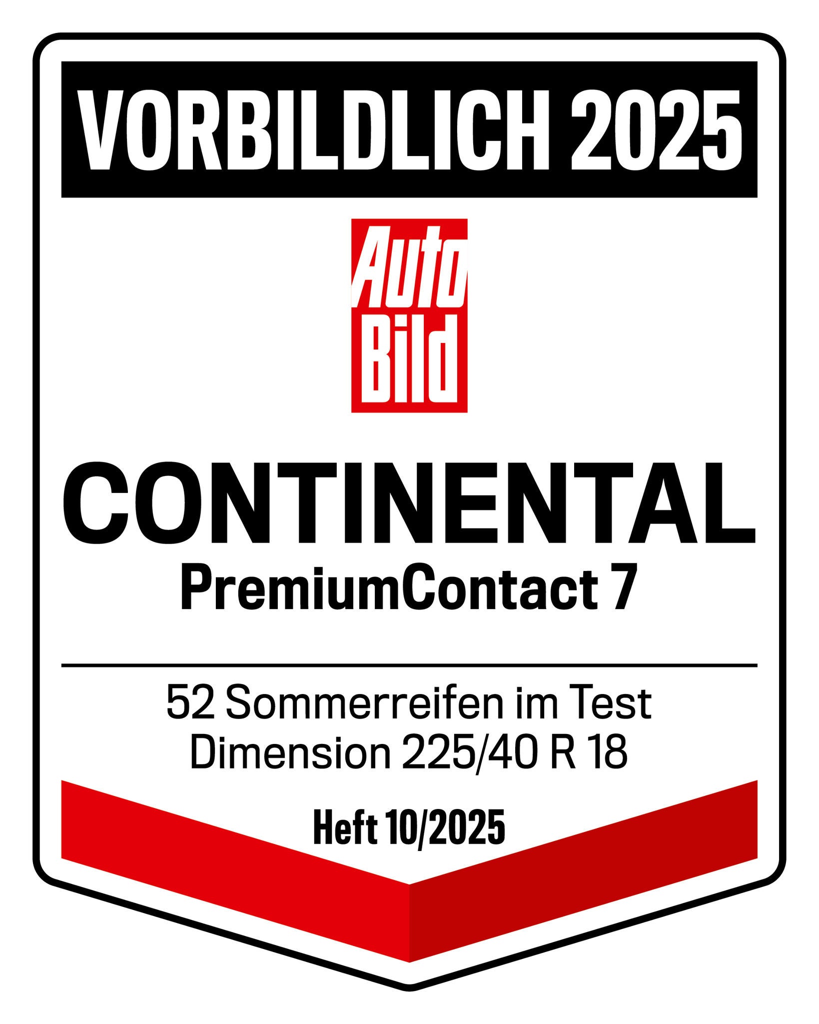 Testsiegel AutoBild 2025 für Continental PremiumContact 7, Bewertung: Vorbildlich