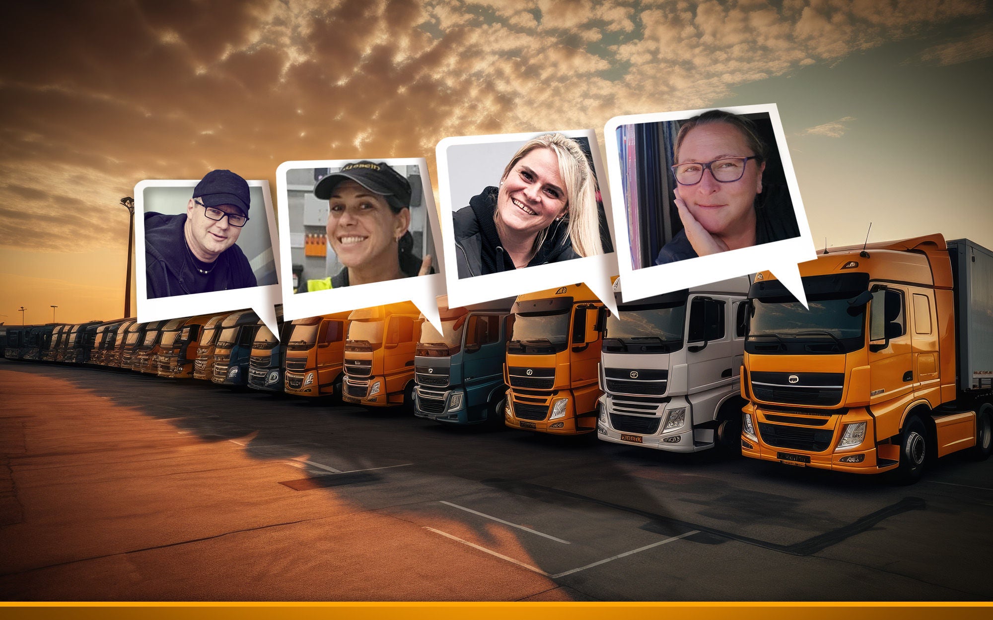 trucks parking at night under a orange sunset sky