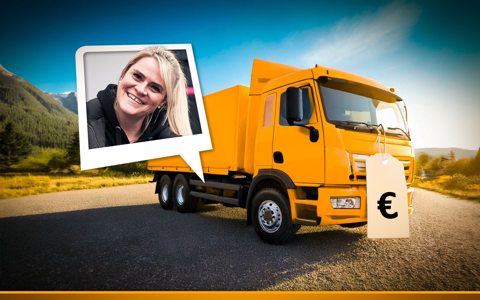 orange truck with a pricetag parking on a road