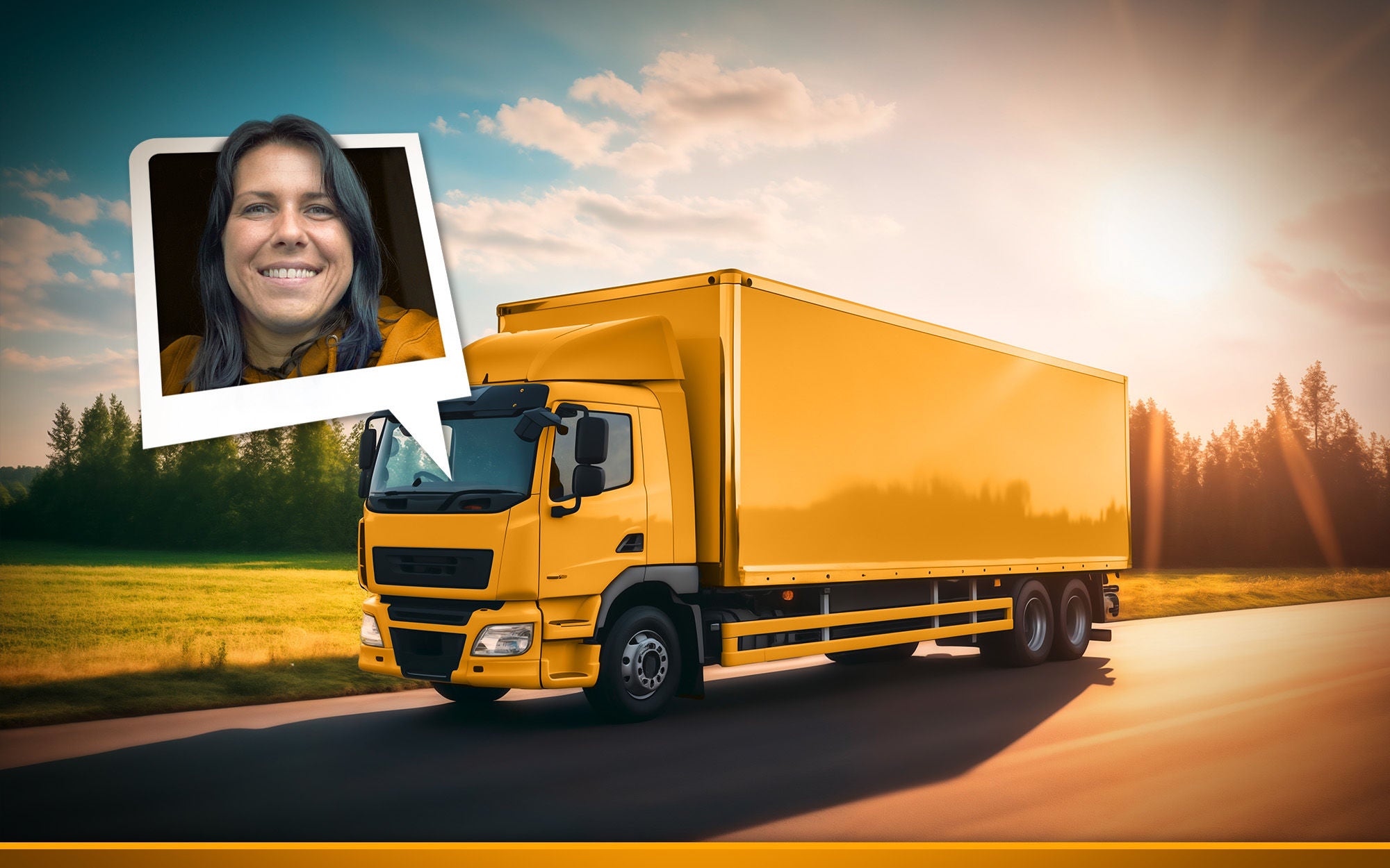 A white truck is driving on the road against the background of a summer landscape