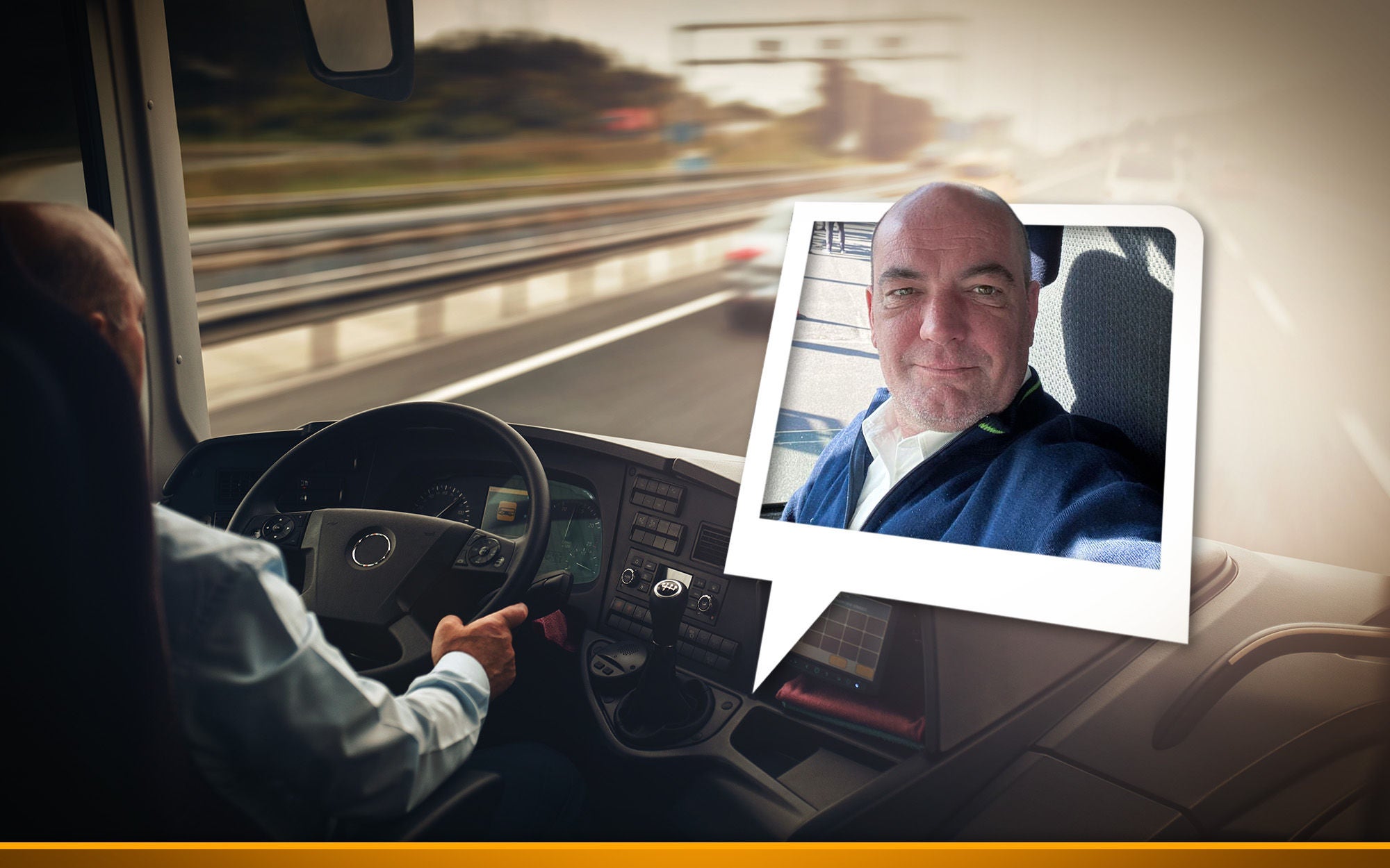 Interior of cab airport transfer bus with driver in motion on fast speed by highway