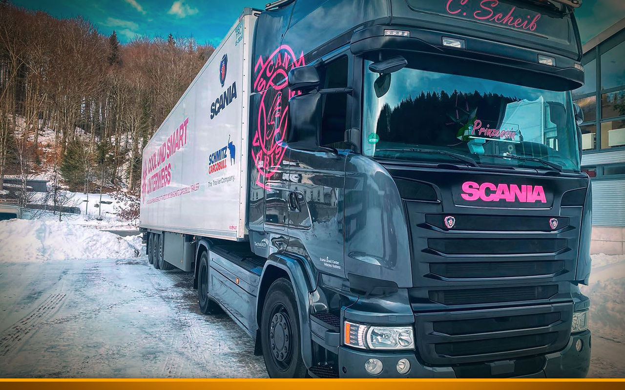 Black, white and pink truck in front of a winter mountain