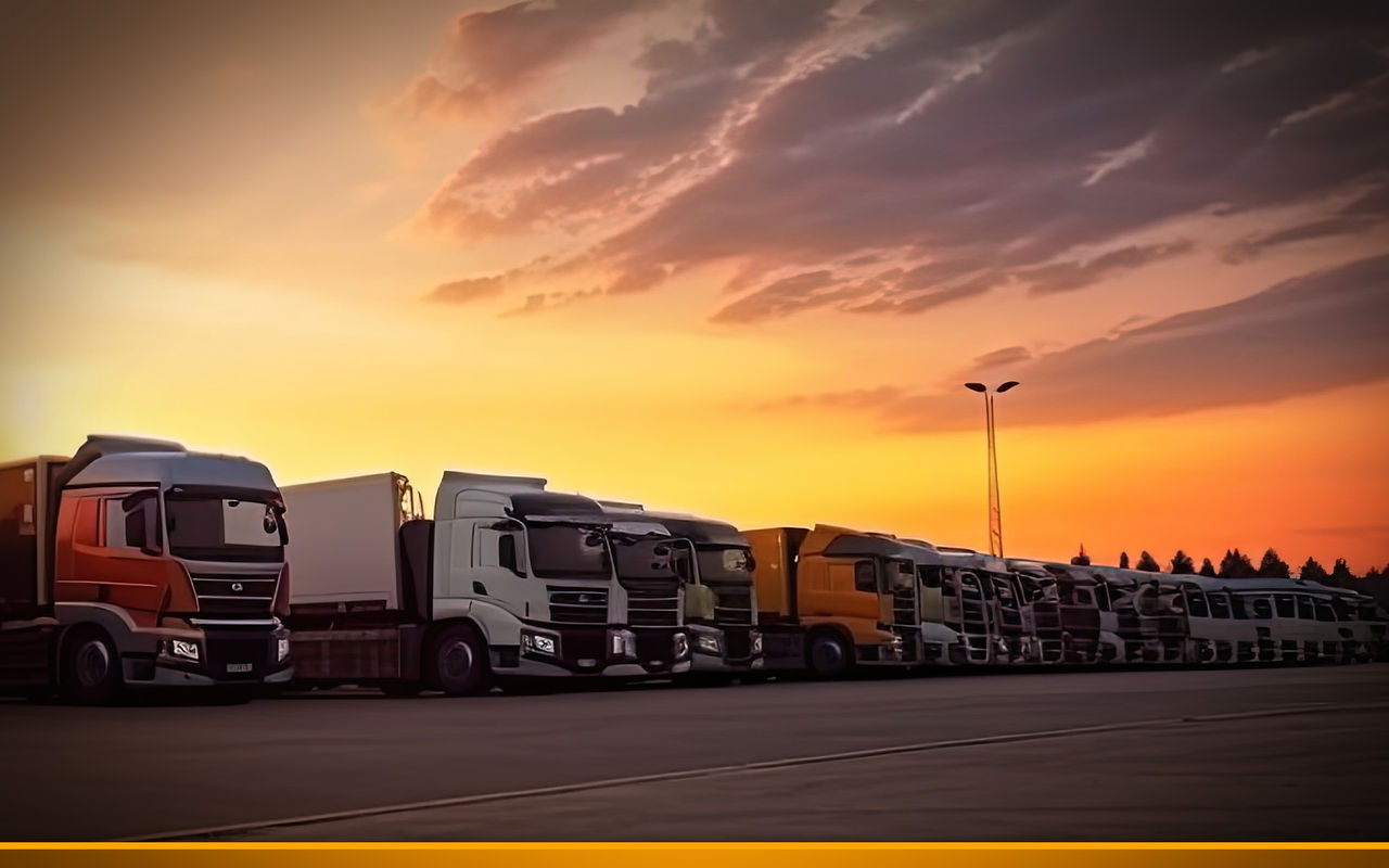 Full truck parking lot in the sunset