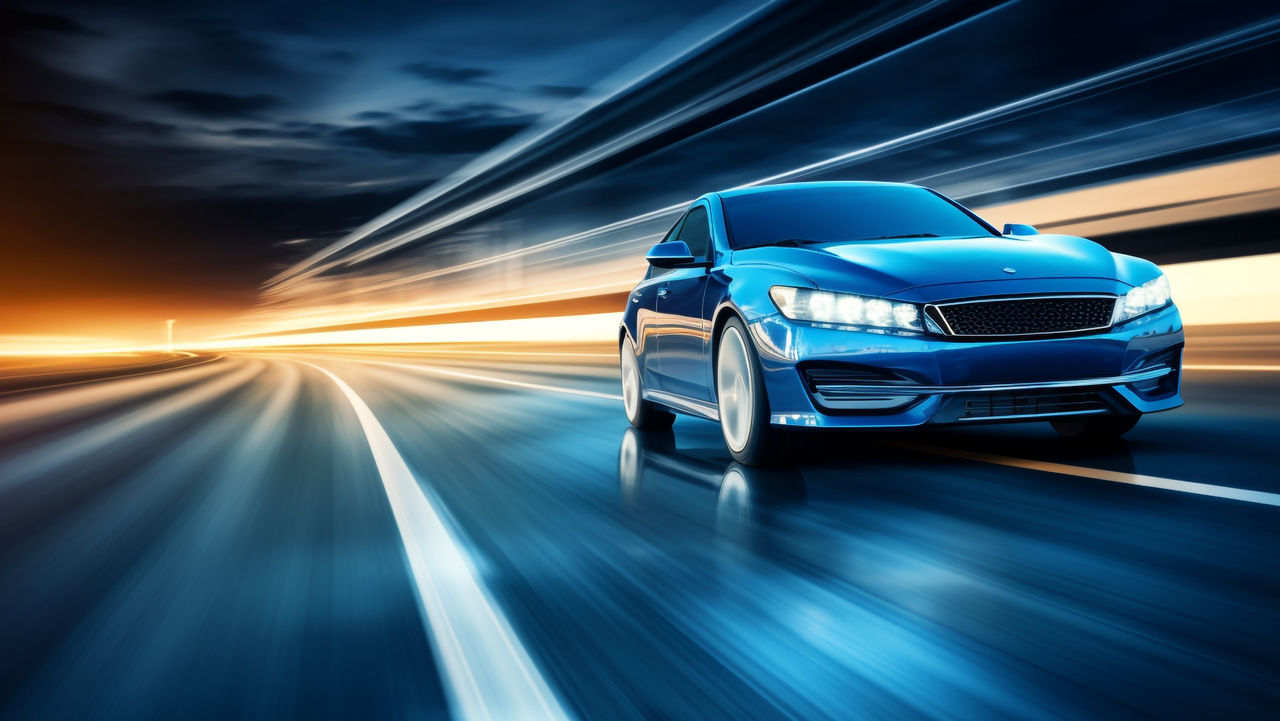 blue car at high speed along the highway obscures the speed of movement, 3d rendering. AI generative   