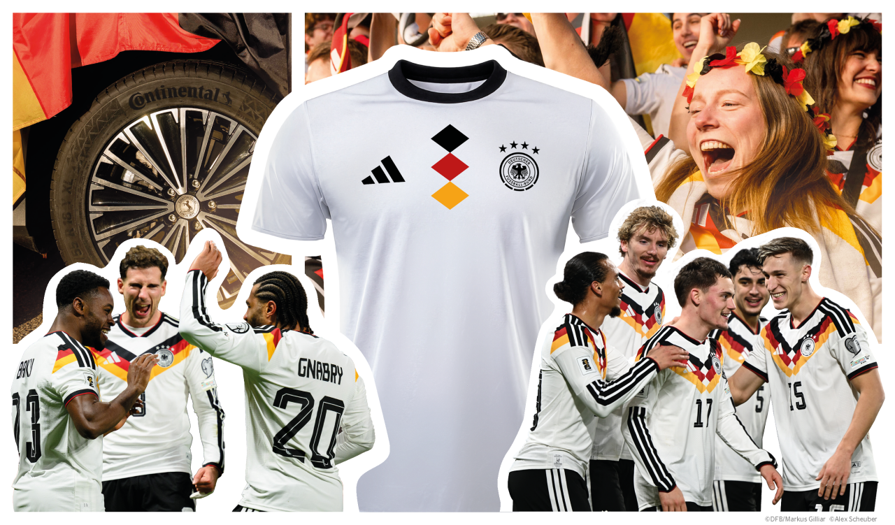 Collage mit einem weißen DFB-Fantrikot im Zentrum, feiernden Nationalspielern im Vordergrund und jubelnde Fans, sowie einem Continental Reifen mit Deutschlandfahne im Hintergrund.