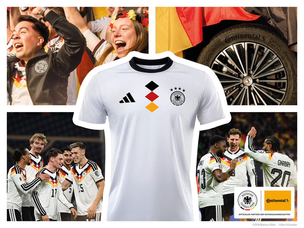 Collage mit einem weißen DFB-Fantrikot im Zentrum, feiernden Nationalspielern, jubelnden Fans und einem Continental Reifen mit Deutschlandfahne im Hintergrund.