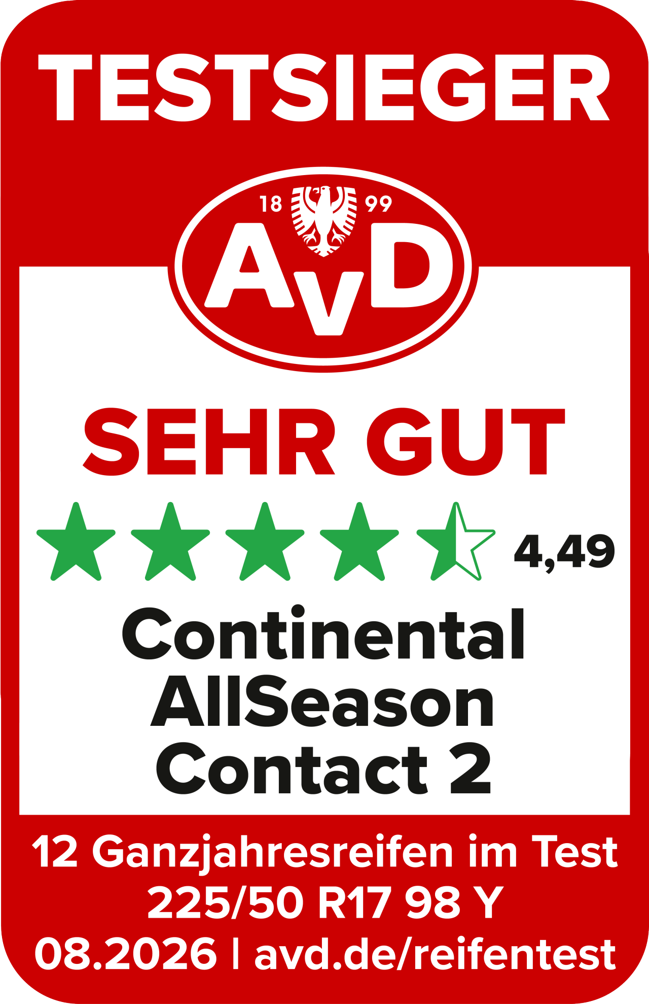 Testsiegel AvD Ganzjahresreifentest Continental AllSeasonContact 2 2026
