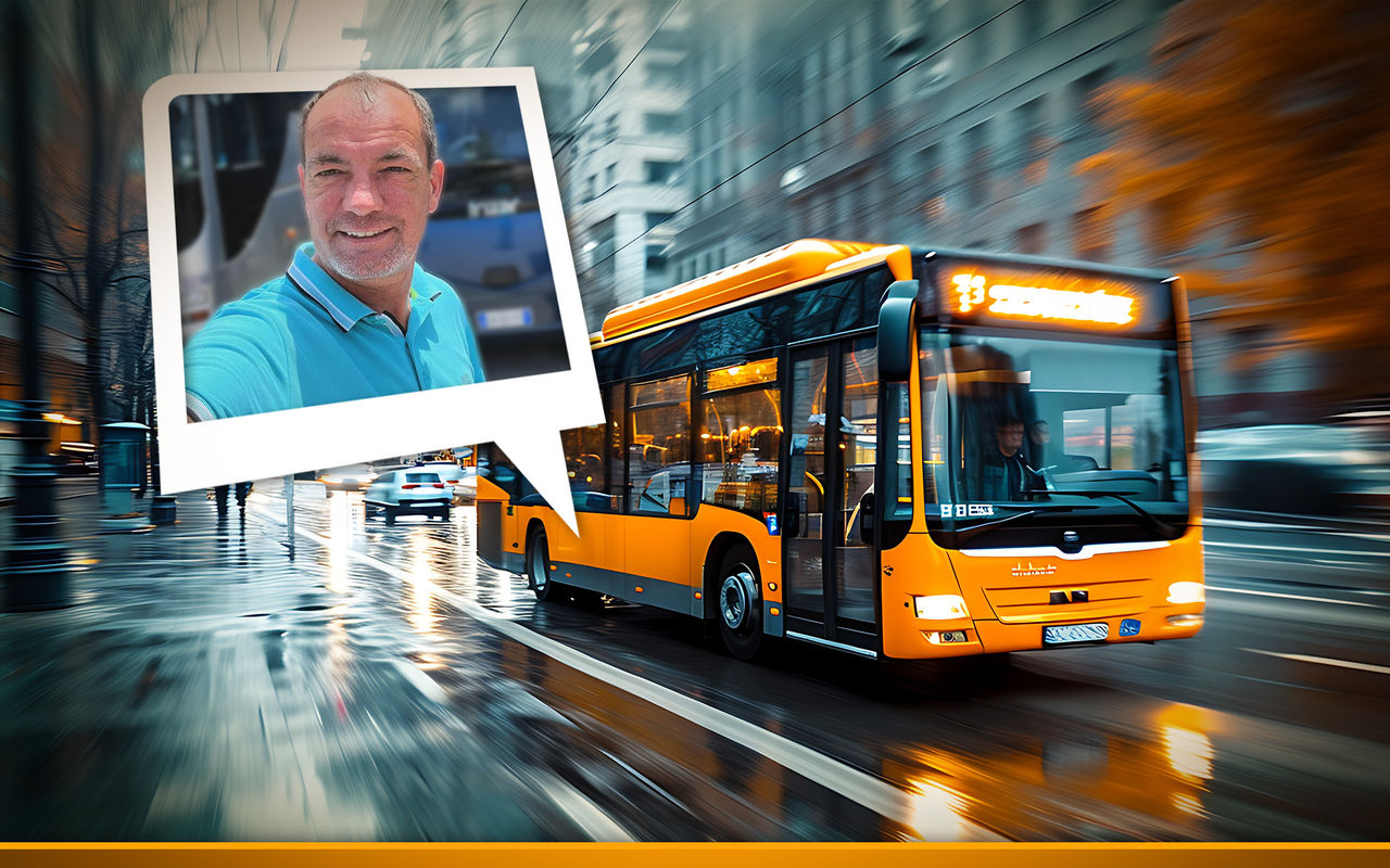 City bus driving through a rainy street at night with motion blur and a portrait of Mirko Liesebach-Moritz in a speech bubble overlay