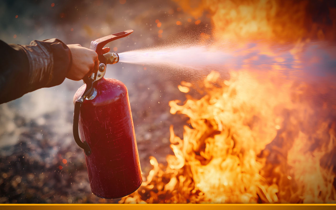 Fire Extinguisher in Use to Combat Flames. Emergency Firefighting Action with Extinguisher