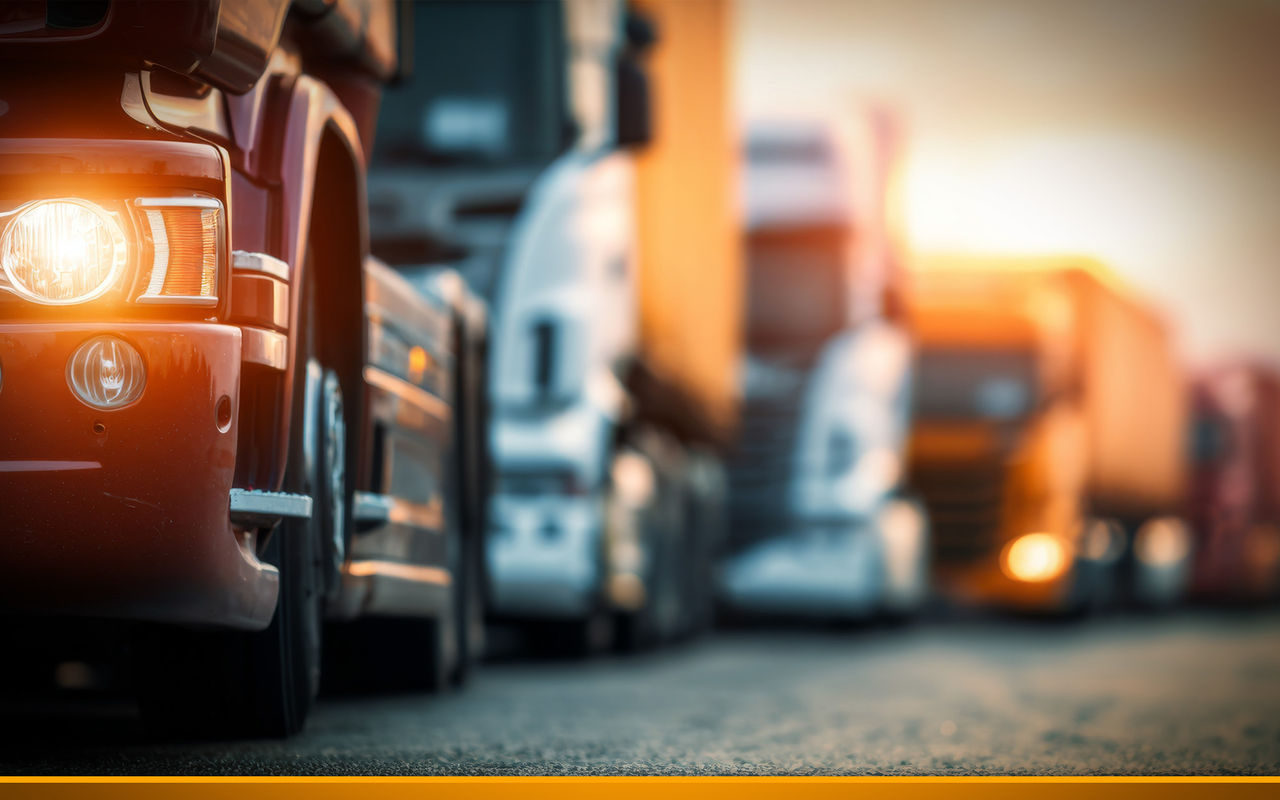 Close-up of trucks lined up in traffic with headlights on during sunset