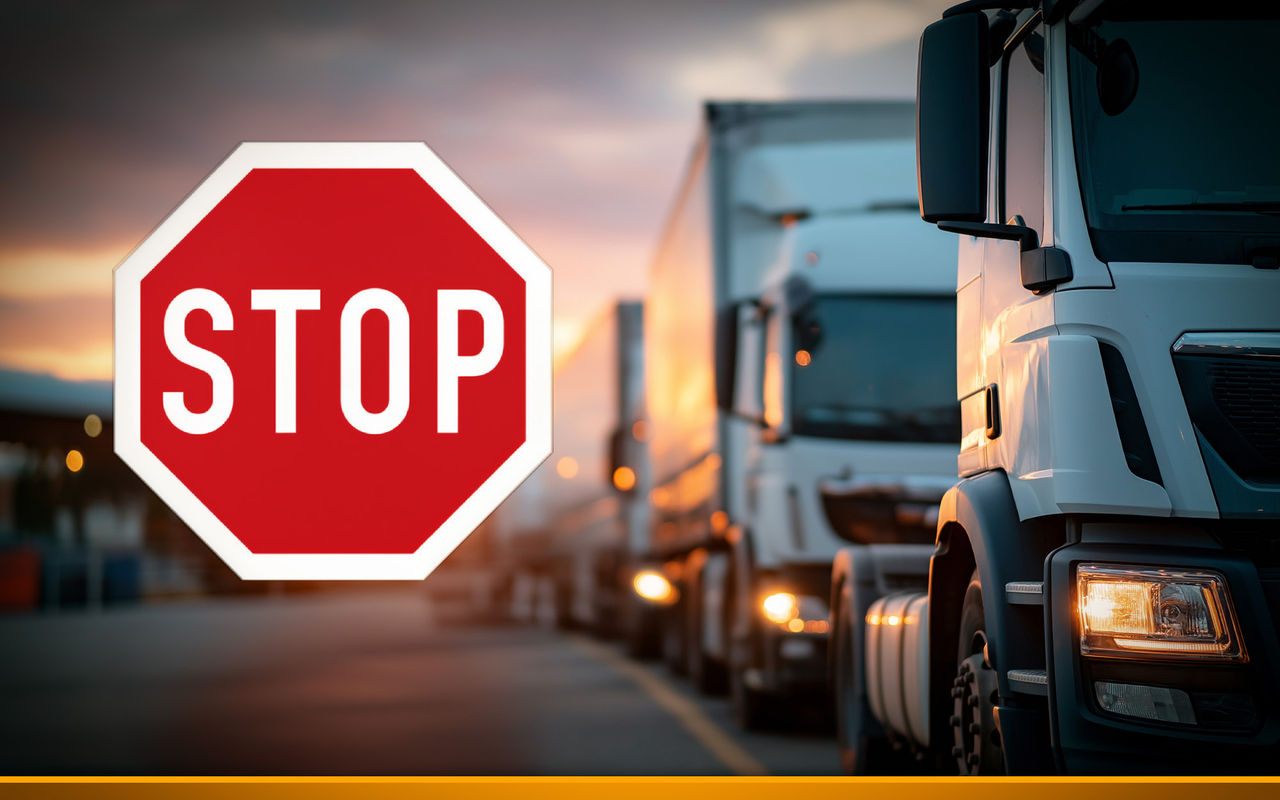 Stop sign in front of a line of trucks on a road at sunset, symbolizing driving restrictions