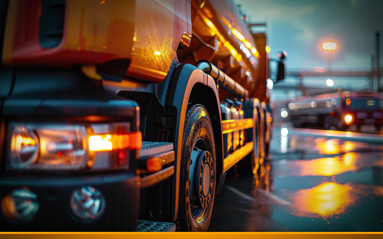 Close-up of a truck parked in a wet parking area at dusk, with reflections of lights on the pavement and other trucks in the background