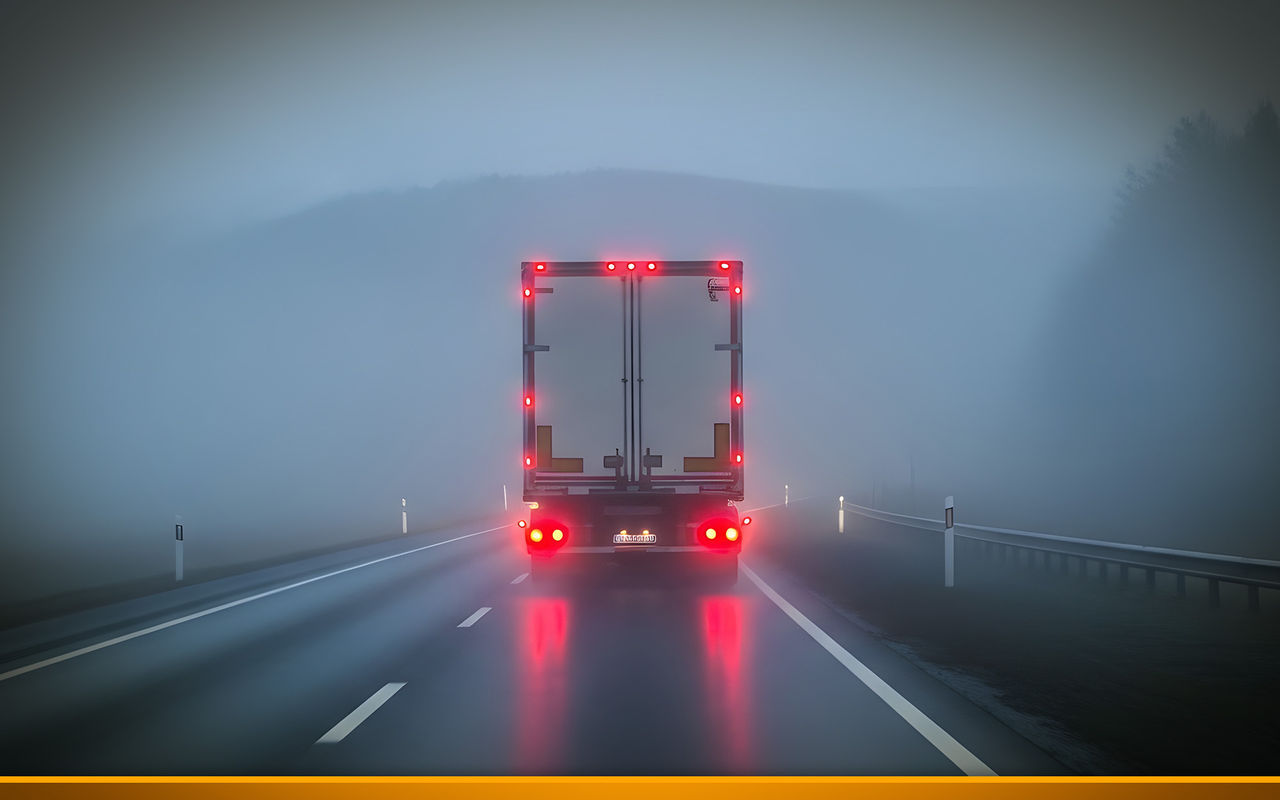 Semi-Truck Moving Through Foggy Roadway with Glowing Red Tail Lights