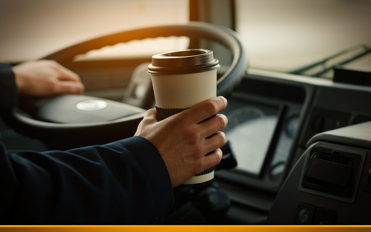 trucker holding a coffee inside a truck while waiting in truck jam