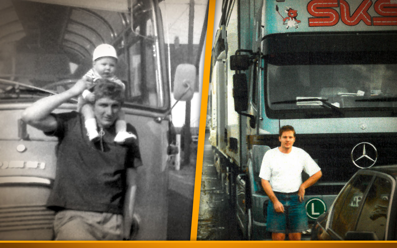 Vintage photos of Markus Trojak with his first truck, including a childhood moment and as young man standing in front his truck