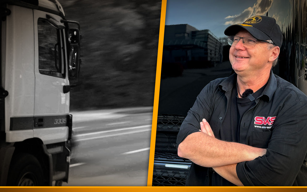 Split image showing a truck driving on the road and Markus Trojak smiling with arms crossed next to a parked truck