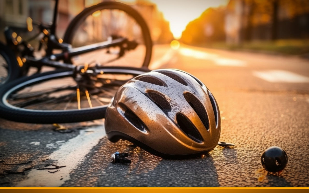 After an automobile accident, a bicycle helmet is seen in close-up lying on the pavement next to a bicycle in a city street.