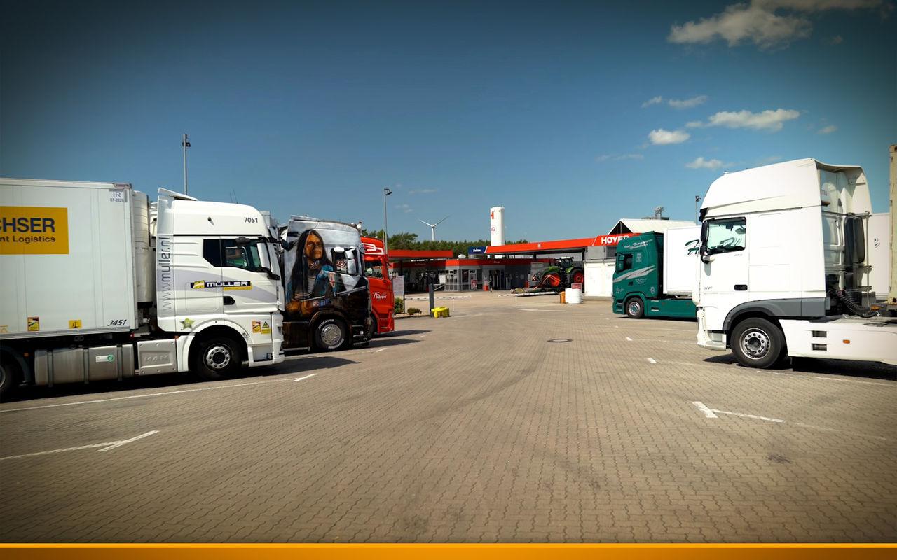 Rest area in Germany with parked trucks