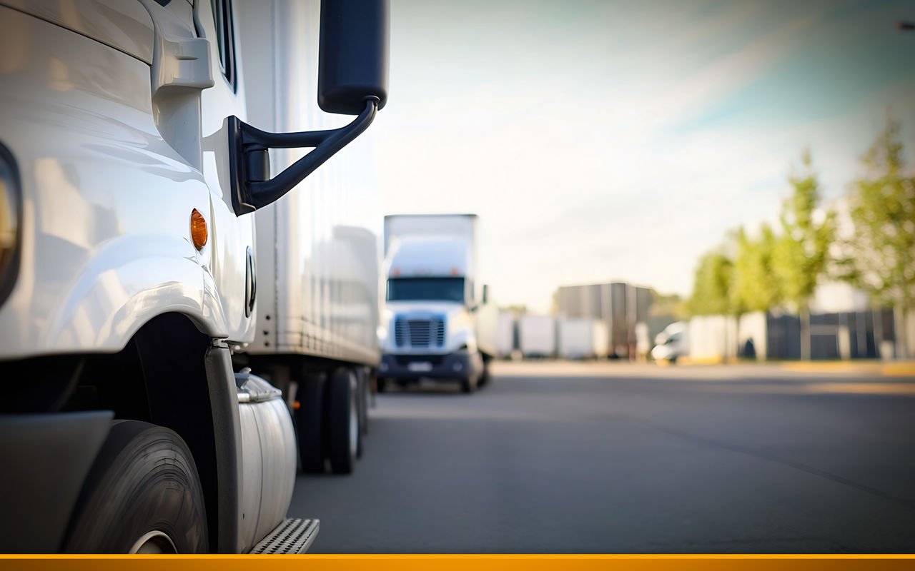 Closeup view of large trucks parked in a freight shipping yard under blue sky