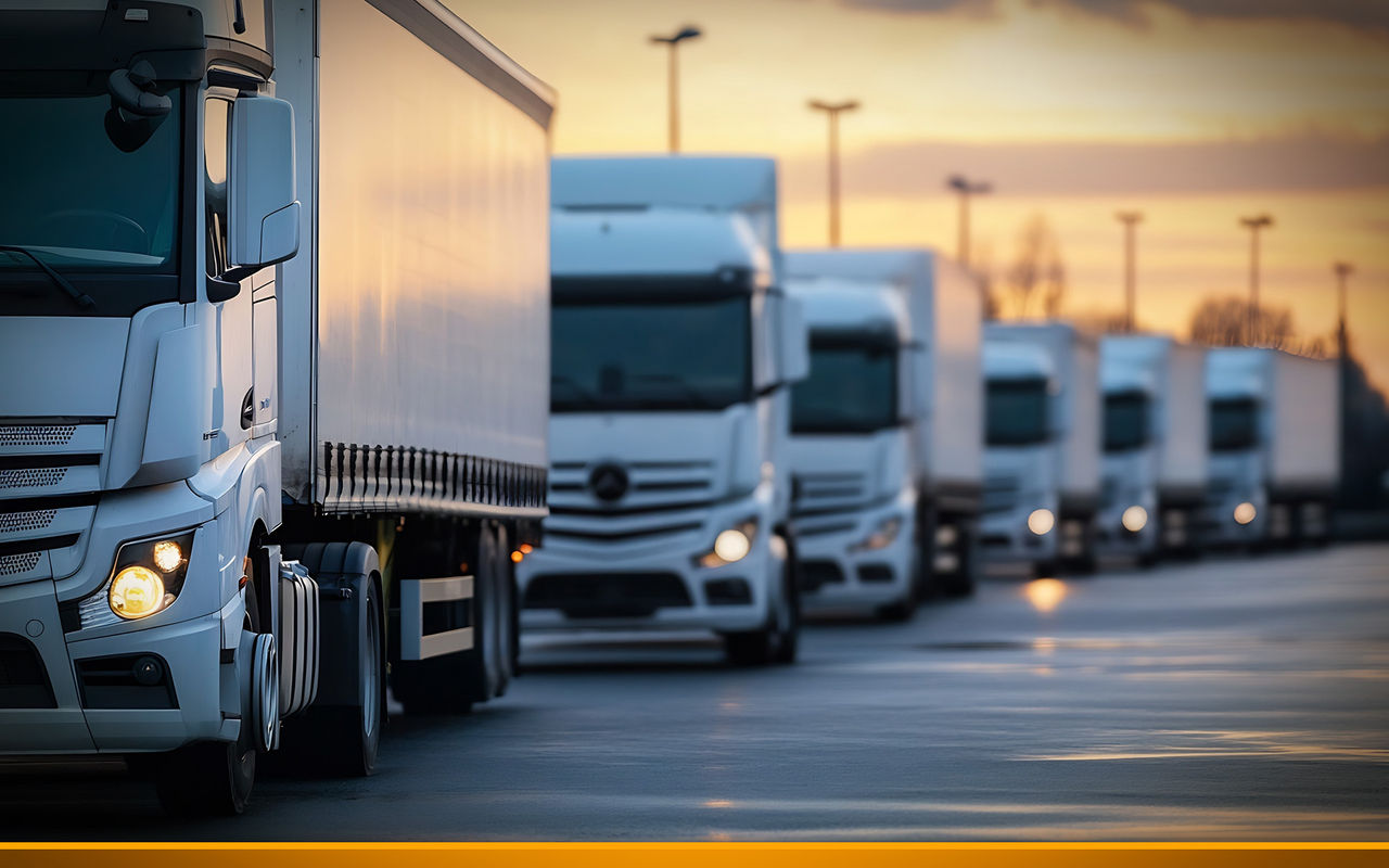 Busy fleet of white trucks lined up at sunset creating a striking semi industrial landscape